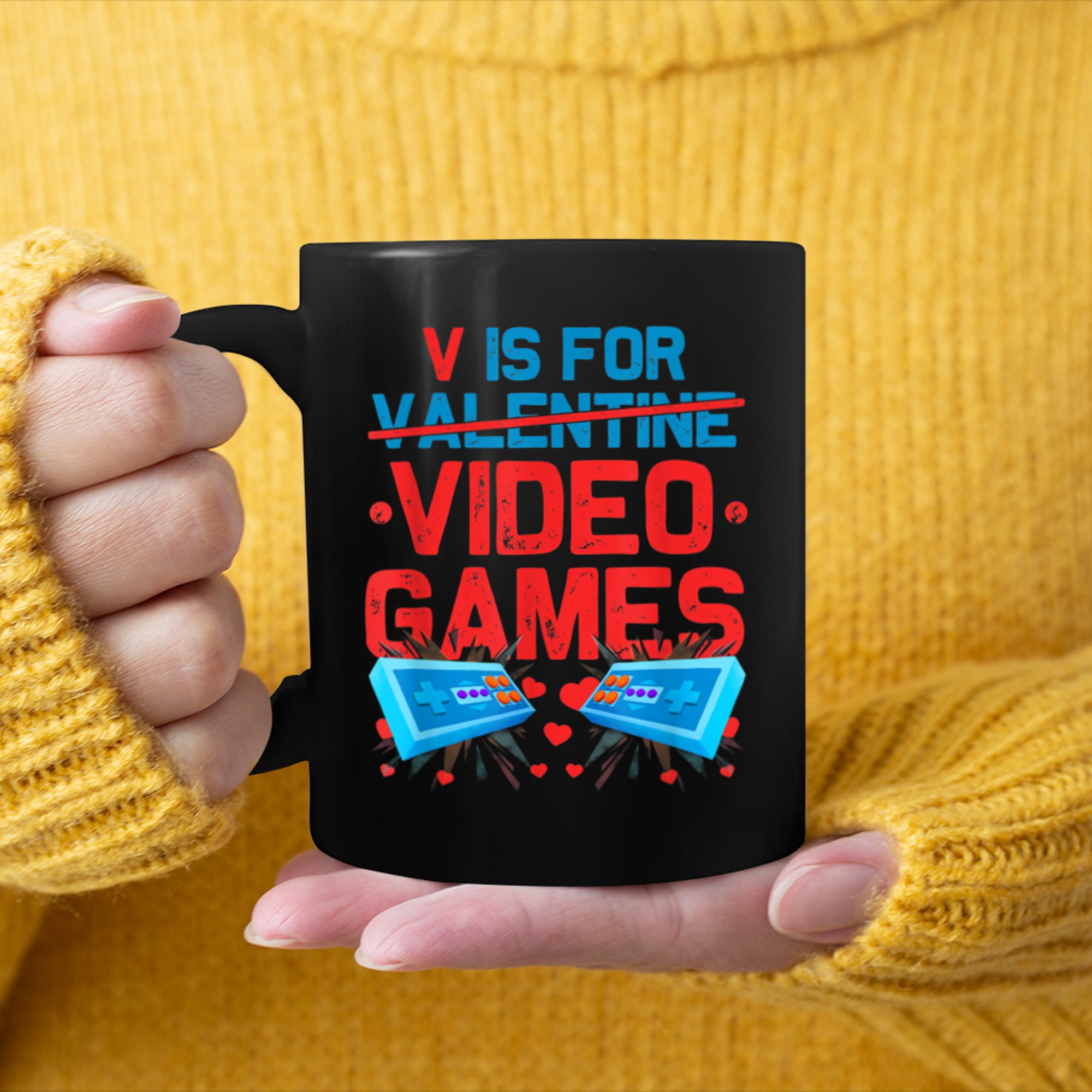 V Is For Video Games Valentines Day Funny Gamer Boy Men (7) mug black