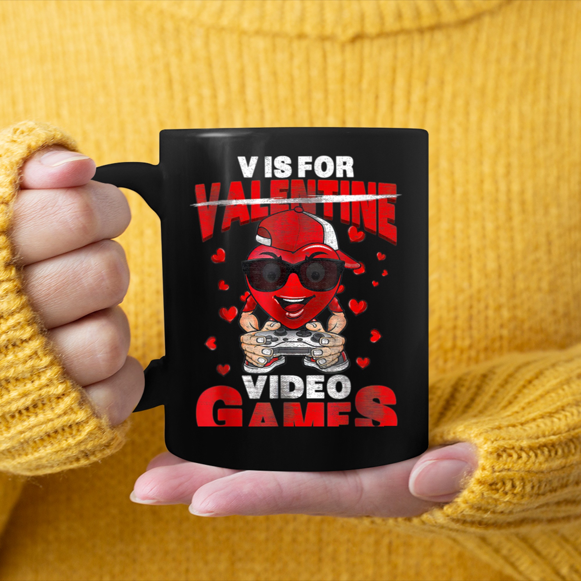 V Is For Video Games Valentines Day Funny Gamer Boys Kids (10) mug black