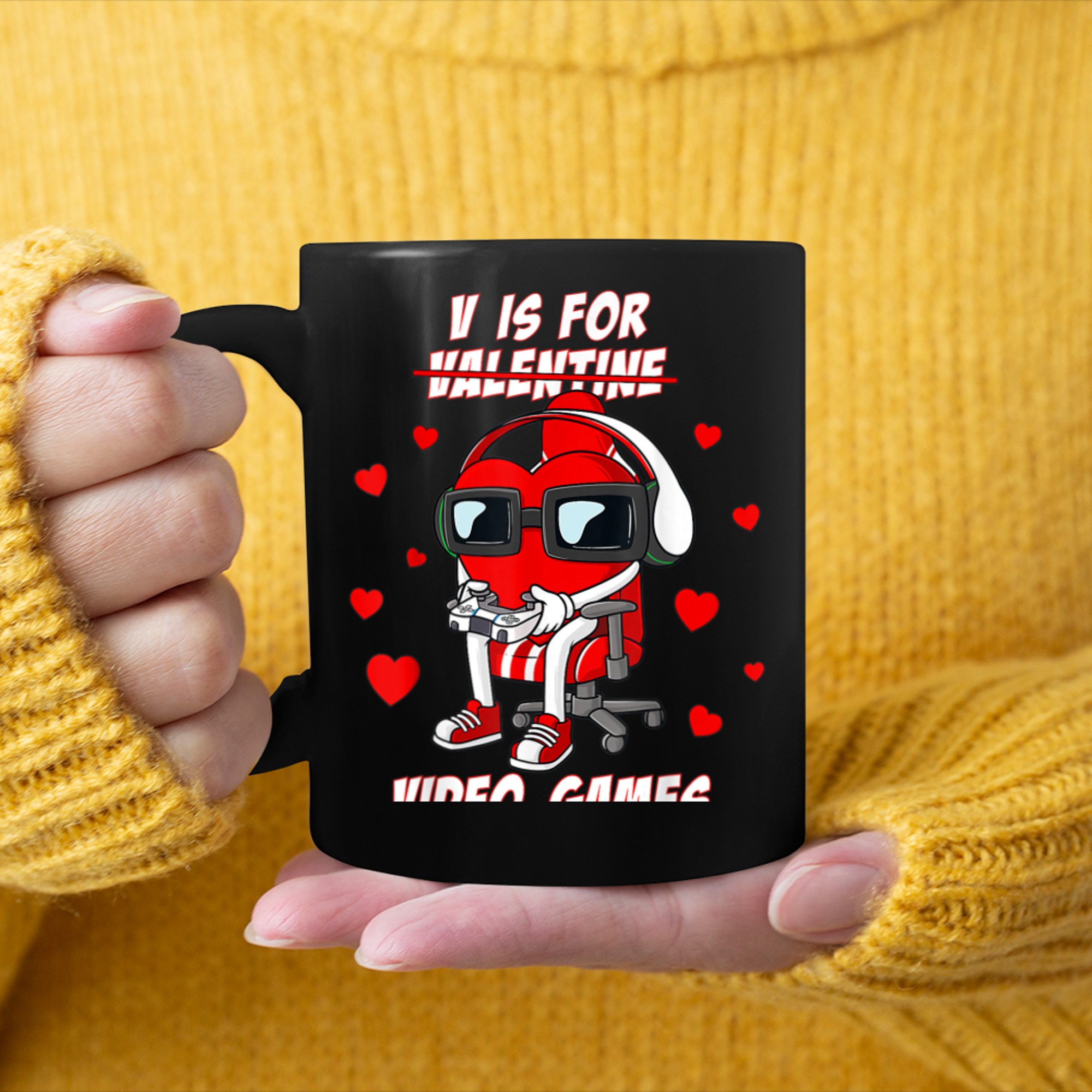 V Is For Video Games Valentines Day Funny Gamer Boys Kids (11) mug black