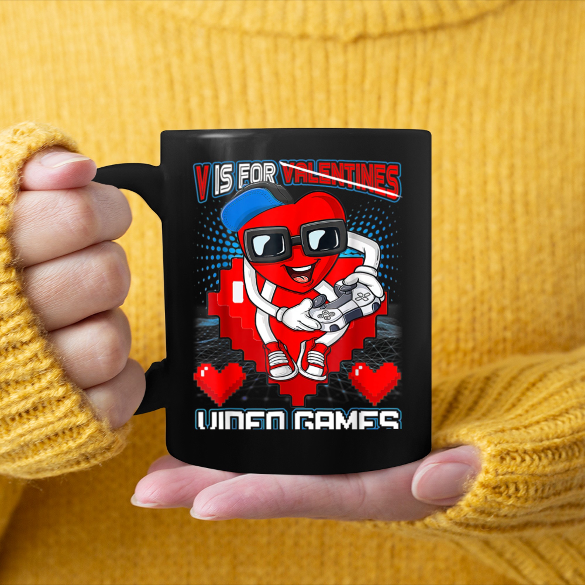 V Is For Video Games Valentines Day Funny Gamer Boys Kids (14) mug black