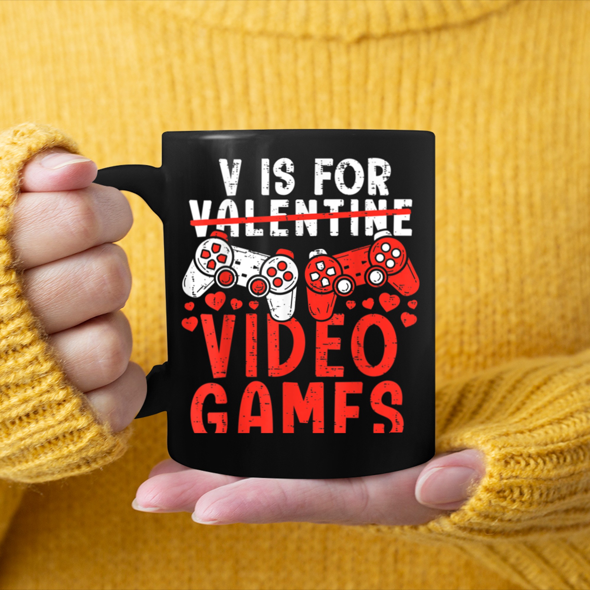 V Is For Video Games Valentines Day Funny Gamer Boys Kids mug black