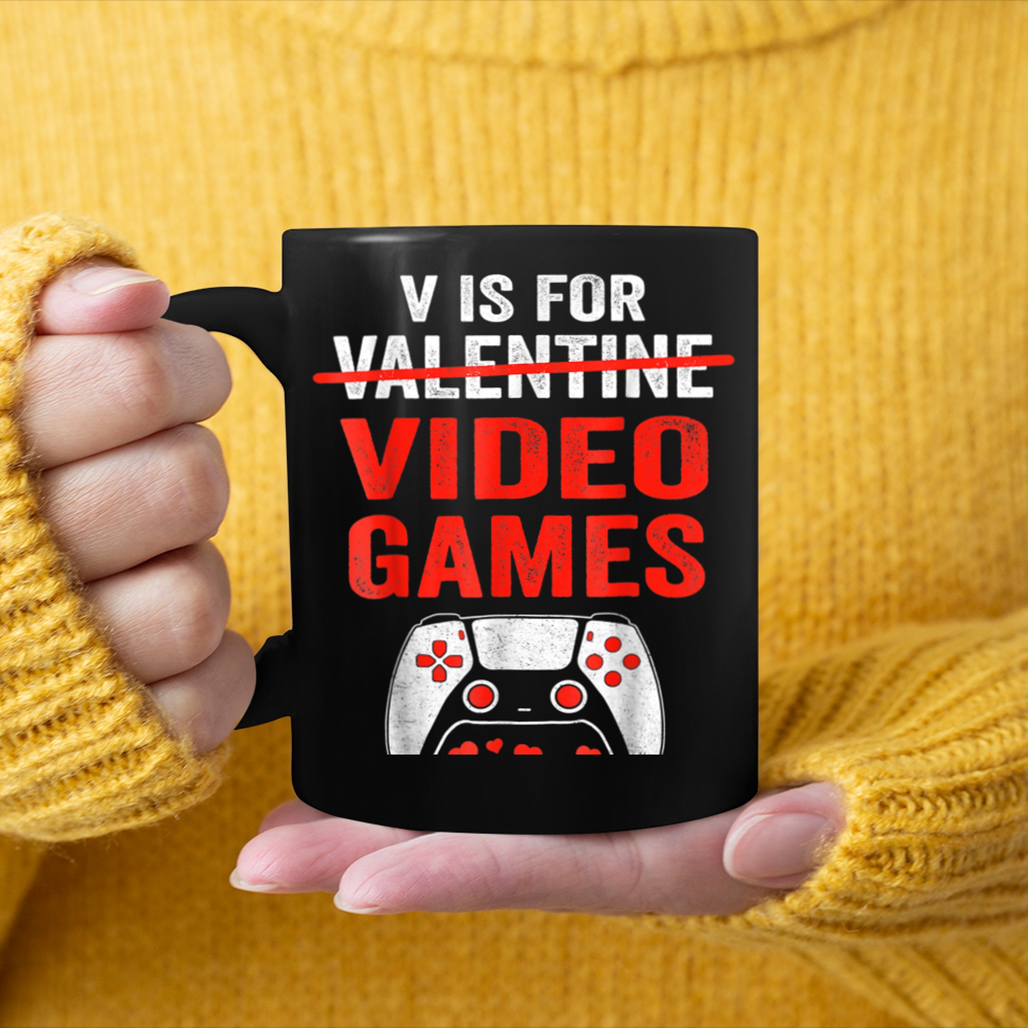 V IS FOR VIDEO GAMES Valentines Day Funny Gamer Game Lover mug black