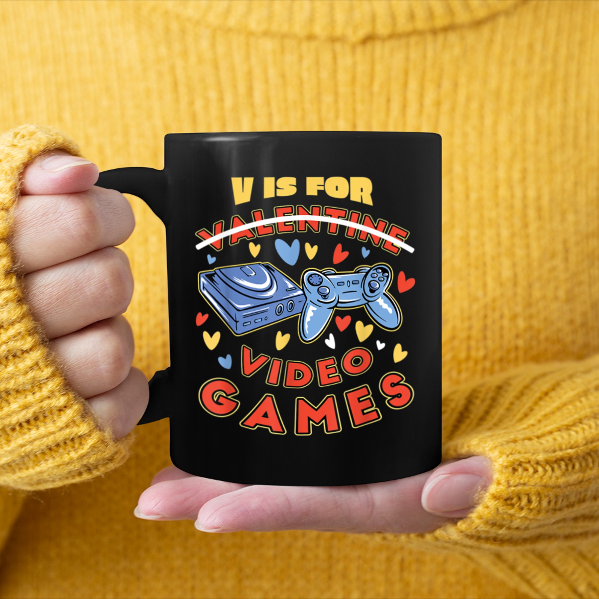 V is for Video Games Valentines Day Funny Gamer Mens Boys (6) mug black