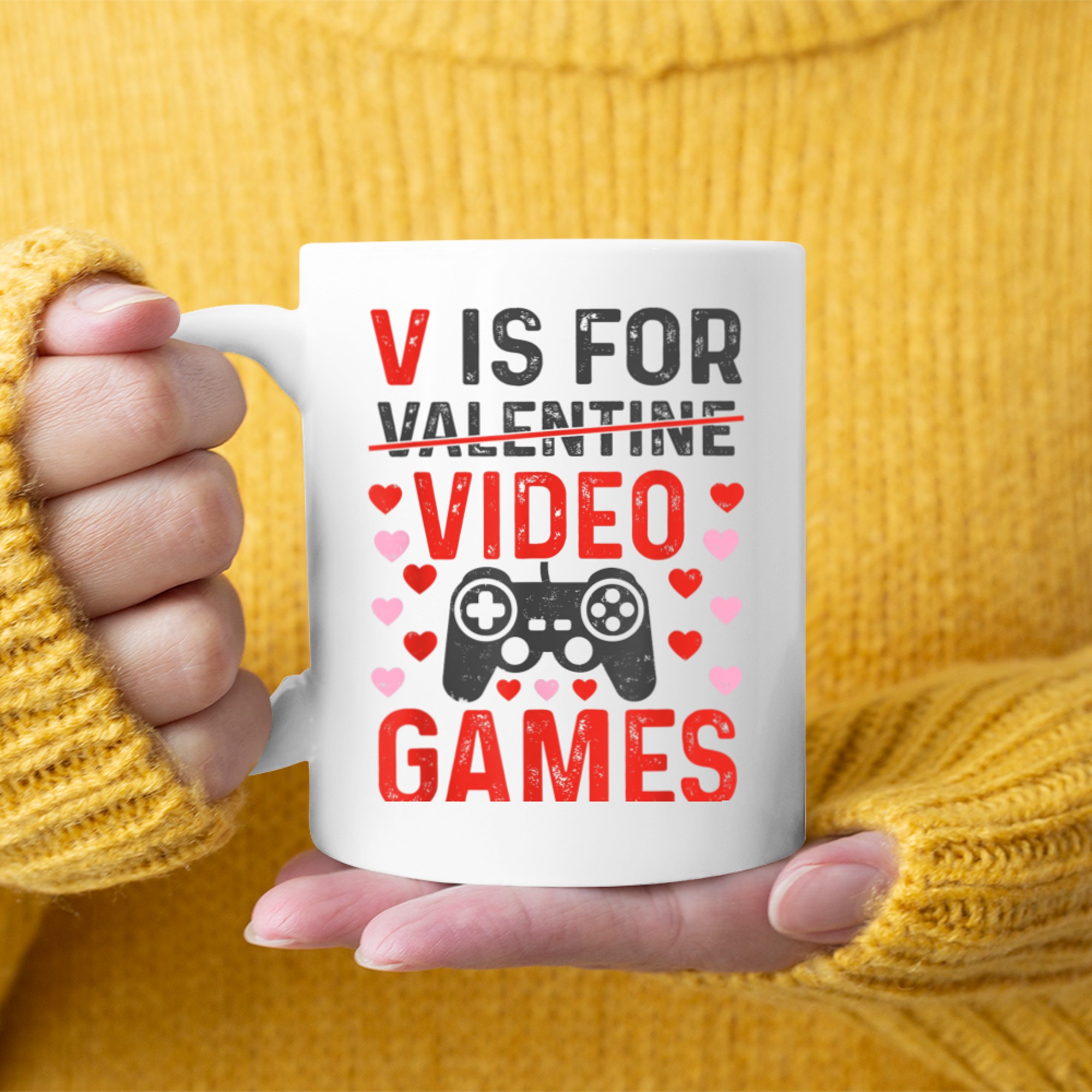 V is for Video Games Valentines Day Funny Gamer Mens Boys mug white