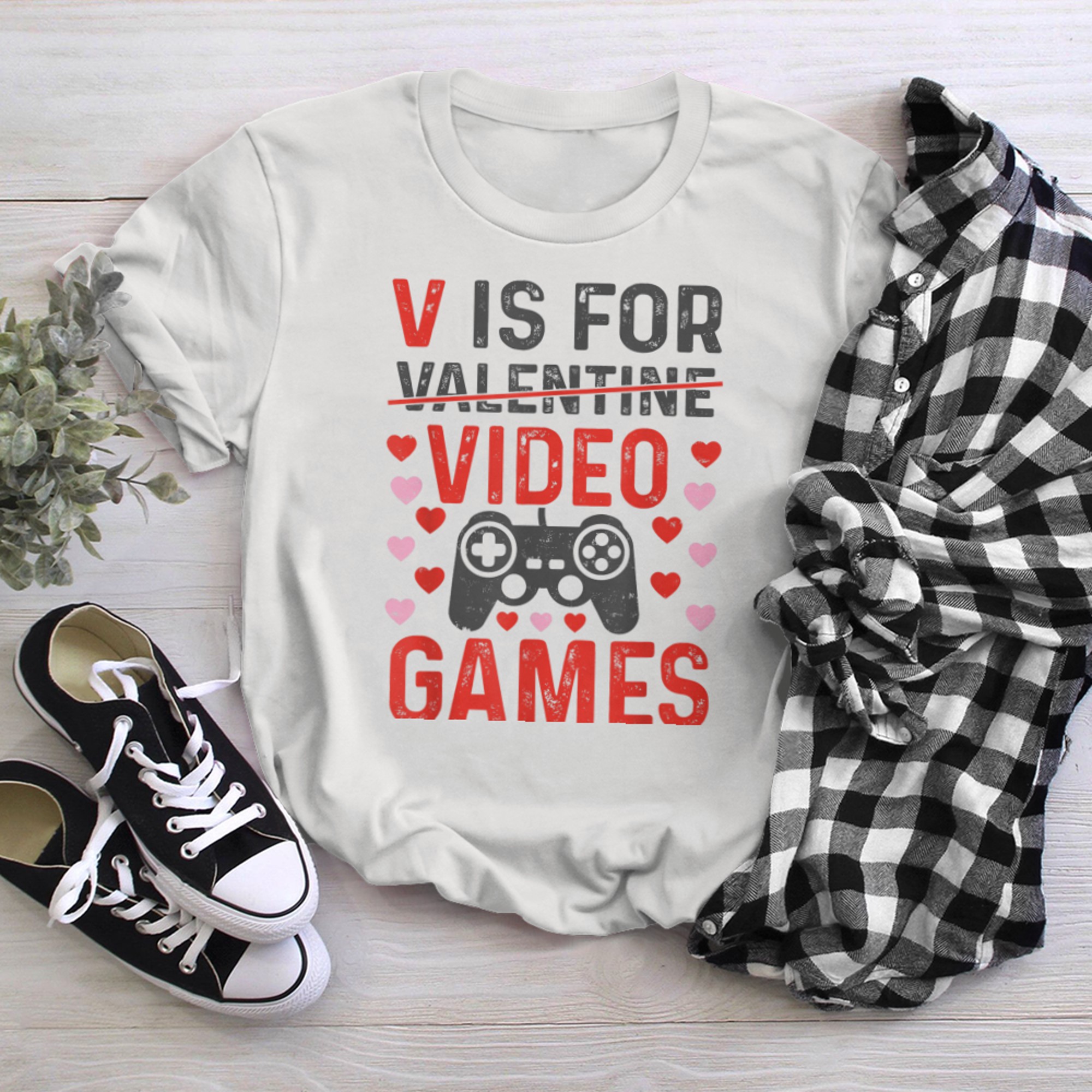 V is for Video Games Valentines Day Funny Gamer Mens Boys t-shirt white