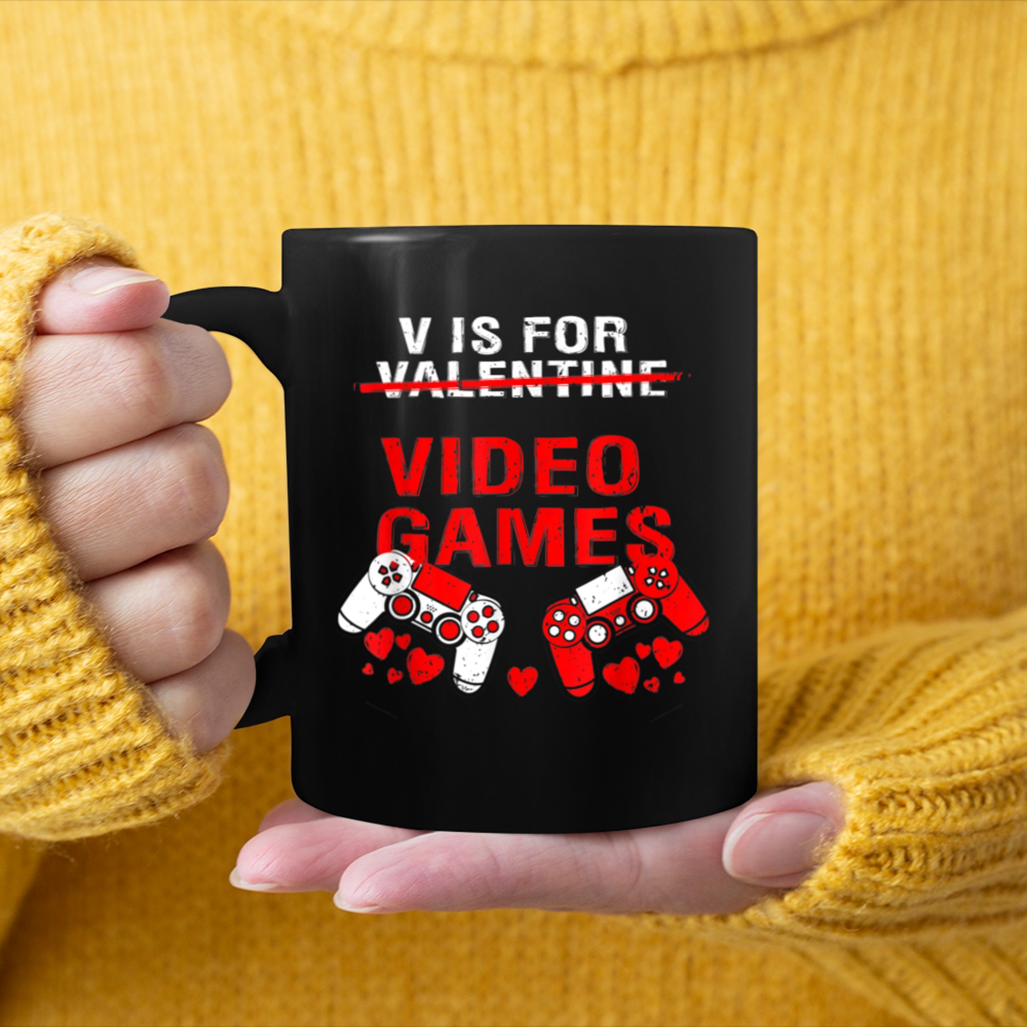 V Is For Video Games Valentines Day Funny Gamer mug black