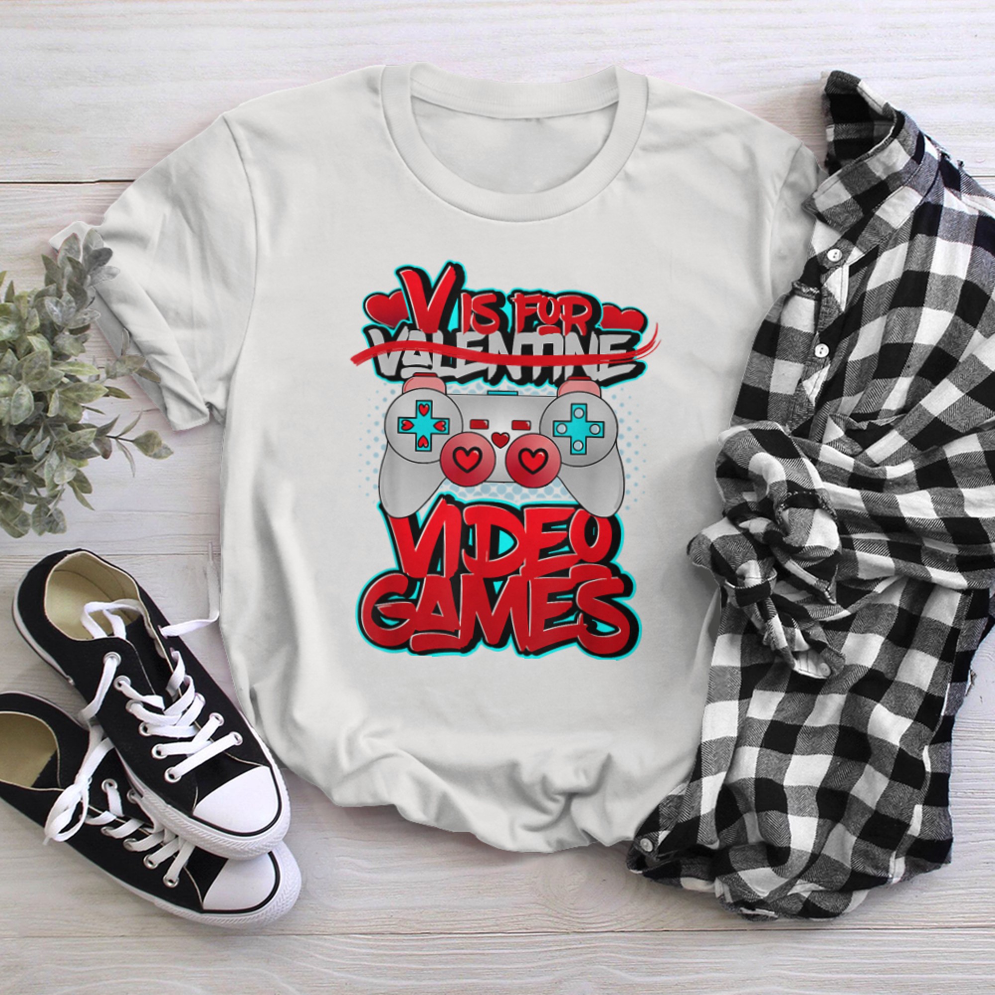 V Is For Video Games Valentines Day Funny Valentine Outfit t-shirt white