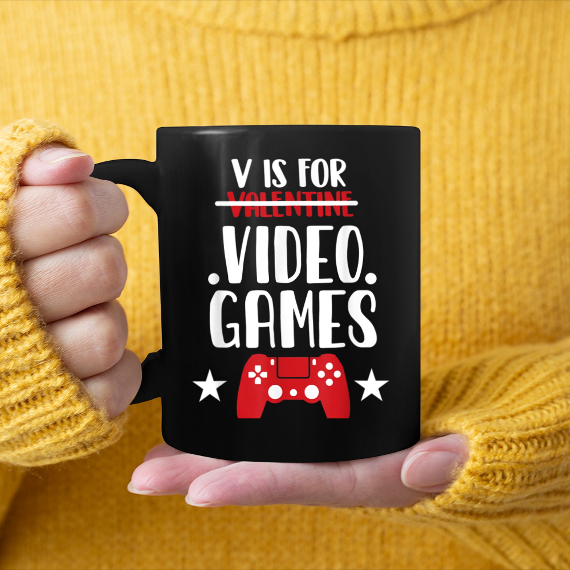 V Is For Video Games Valentine's Day Game Lover mug black