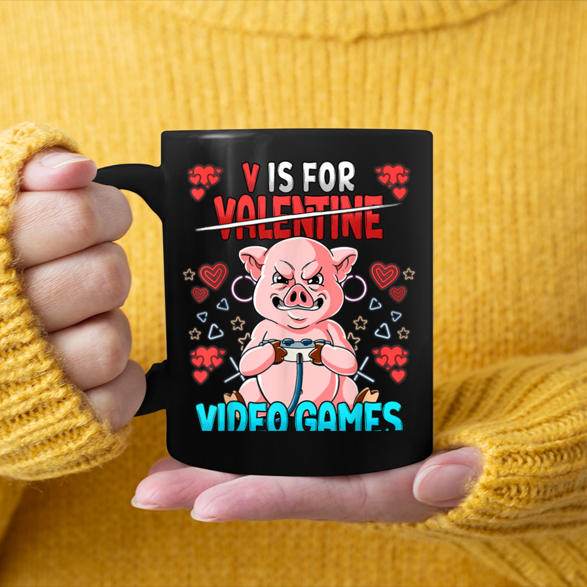 V Is For Video Games Valentines Day Gamer (2) mug black