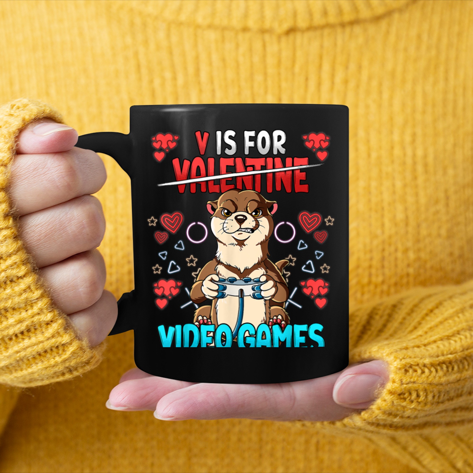 V Is For Video Games Valentines Day Gamer (22) mug black