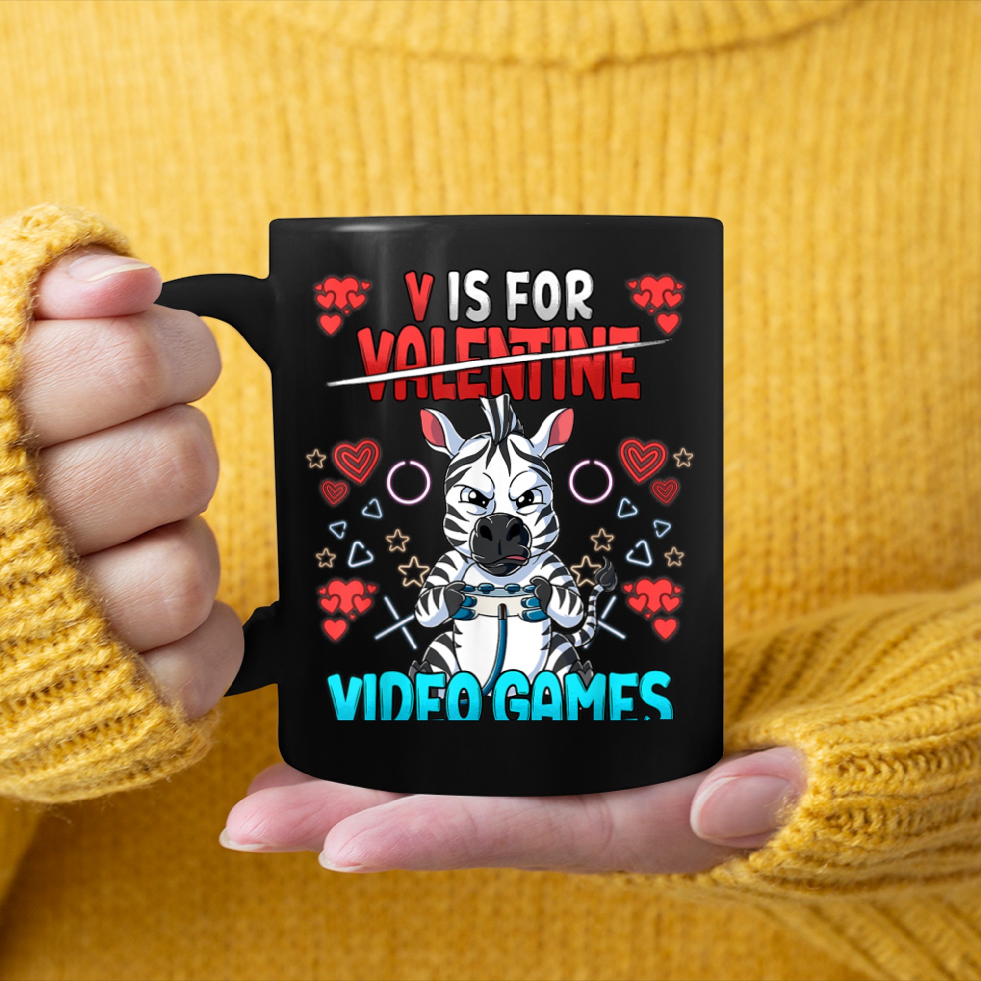 V Is For Video Games Valentines Day Gamer (4) mug black