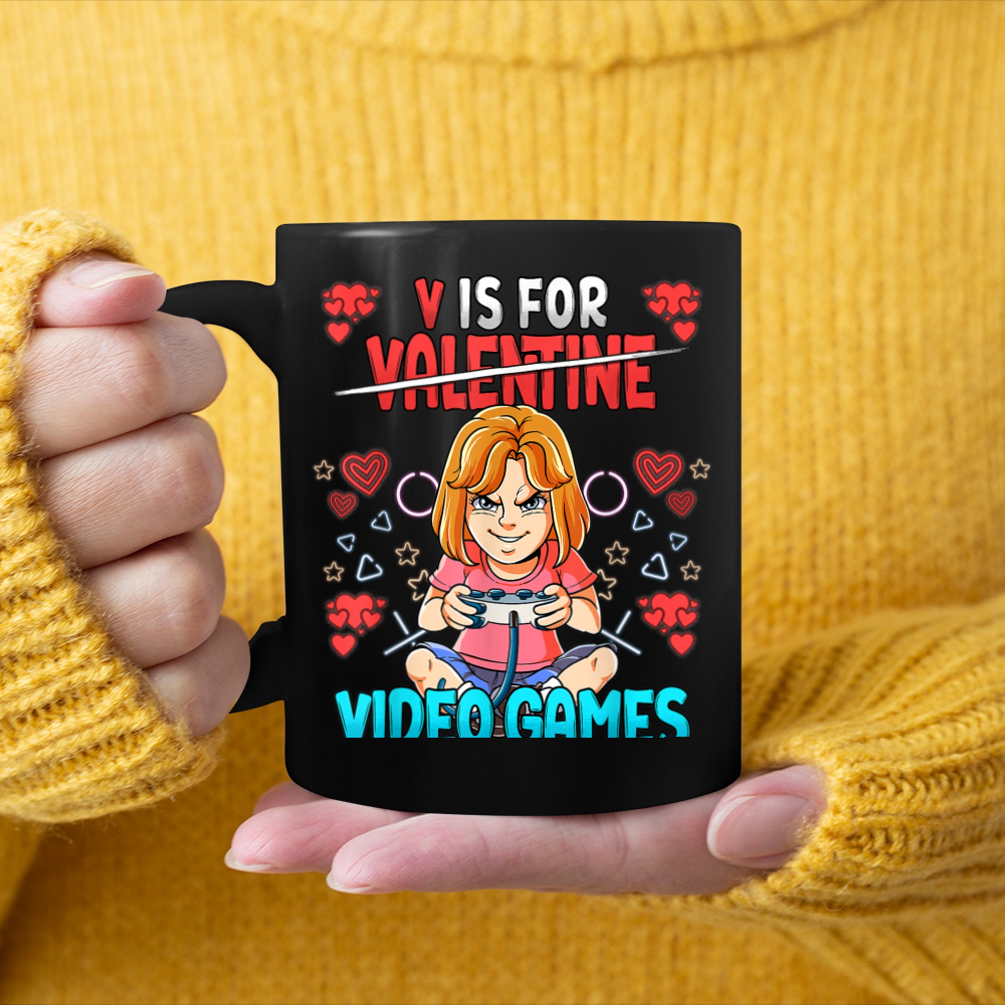 V Is For Video Games Valentines Day Gamer (5) mug black