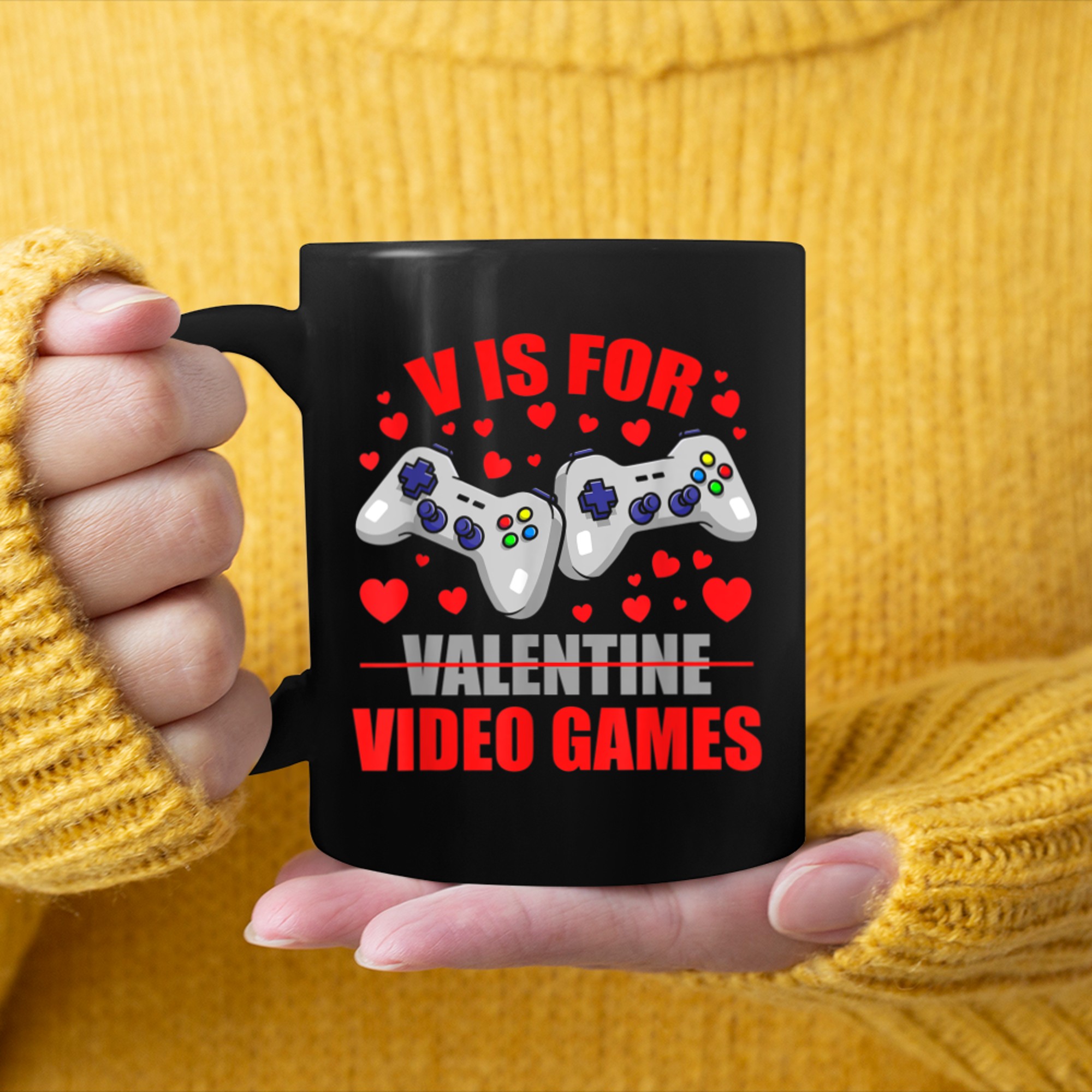 V Is For Video Games Valentines Day Gamer (8) mug black