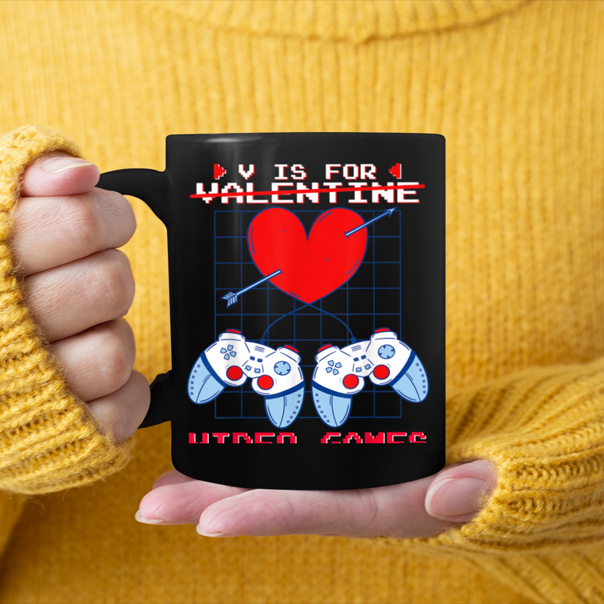 V is for Video Games Valentines Day Gamer Boys Gaming Vday mug black