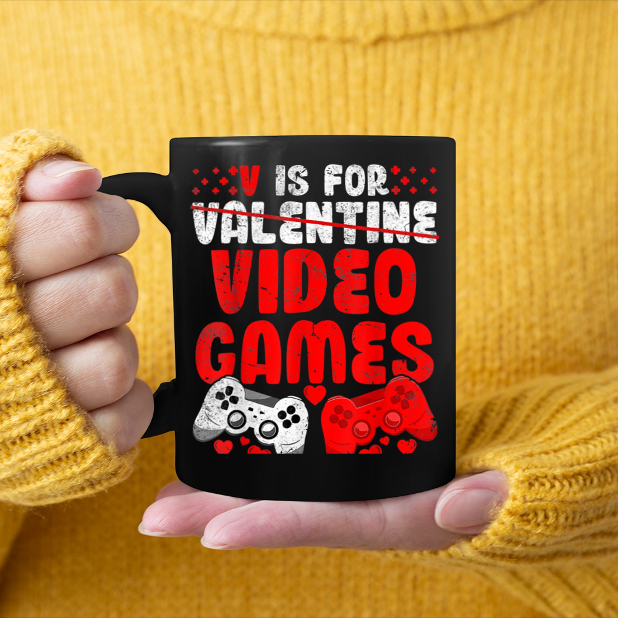 V Is For Video Games Valentines Day Gamer Boys Men Funny (2) mug black