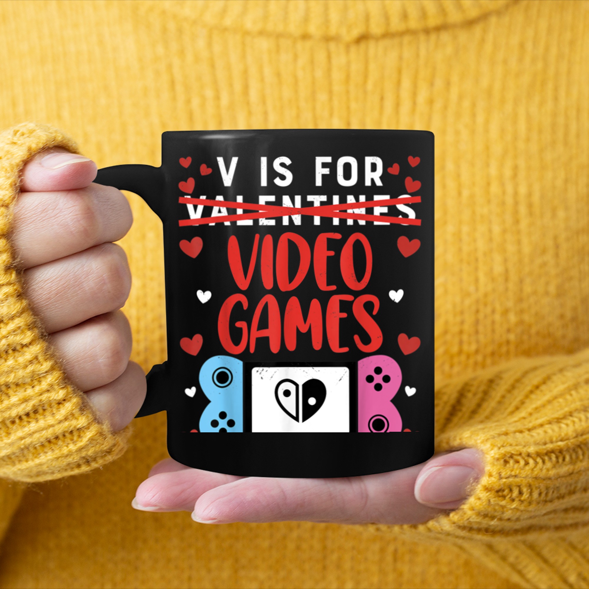 V is for Video Games Valentines Day Gamer Funny V-day Gaming mug black