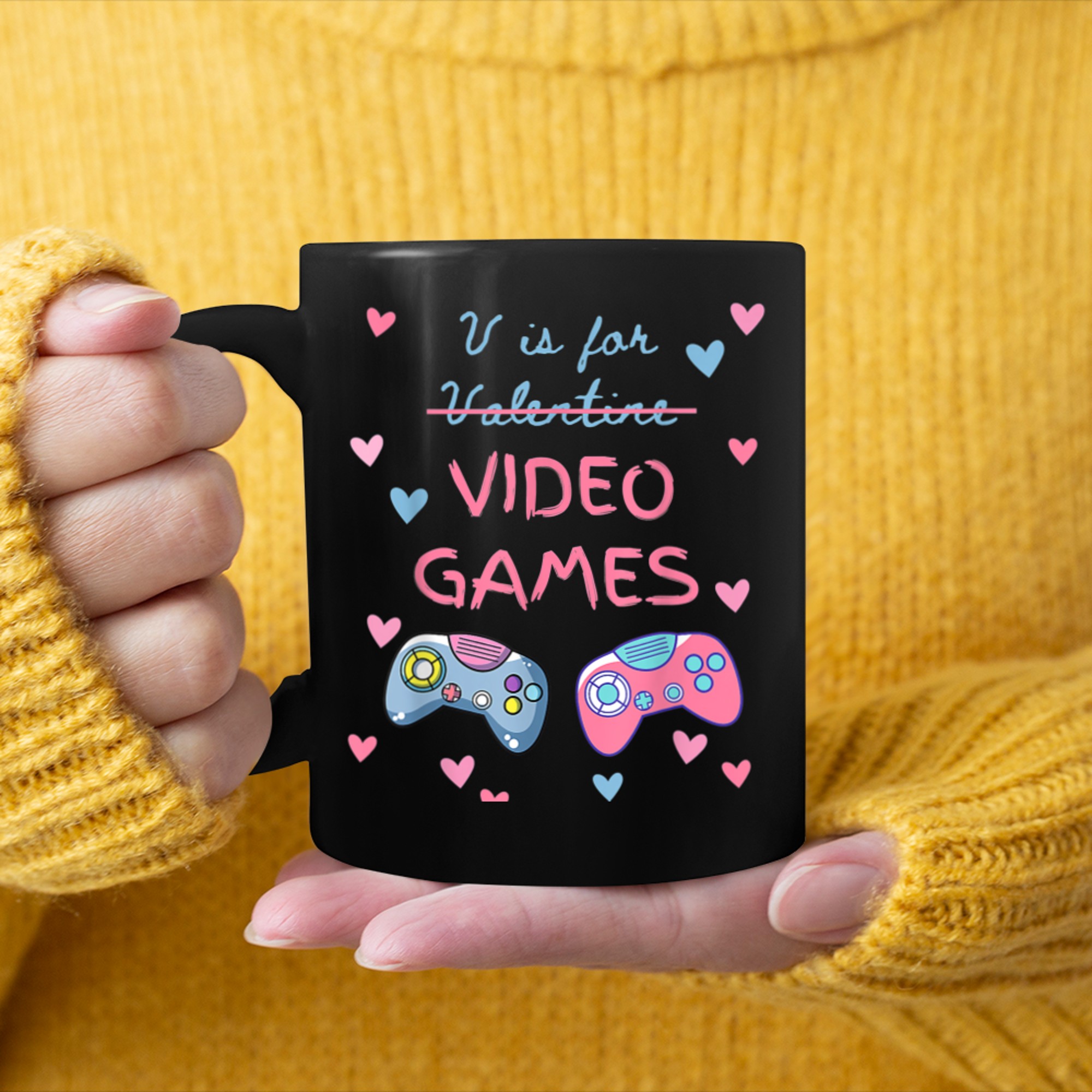 V Is For Video Games Valentines Day Gamer Girl Womens mug black