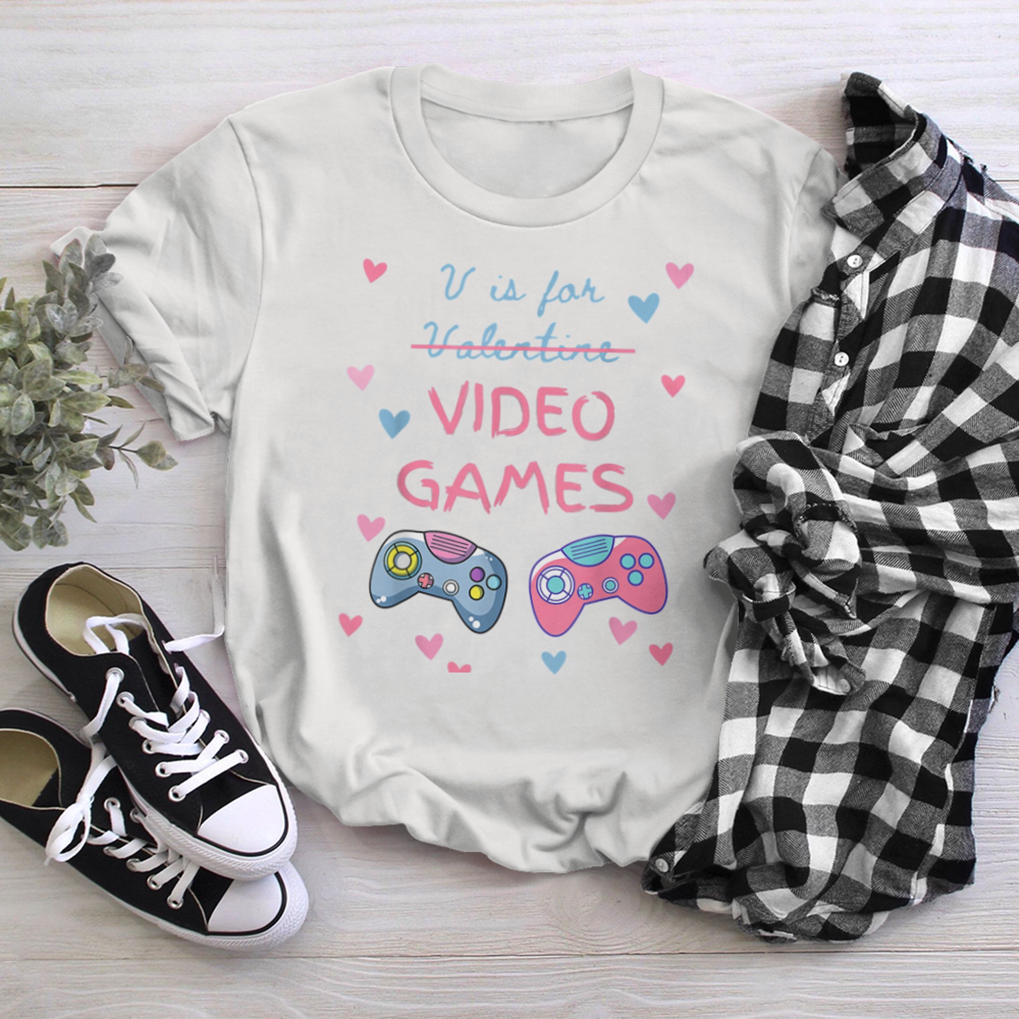 V Is For Video Games Valentines Day Gamer Girl Womens t-shirt white