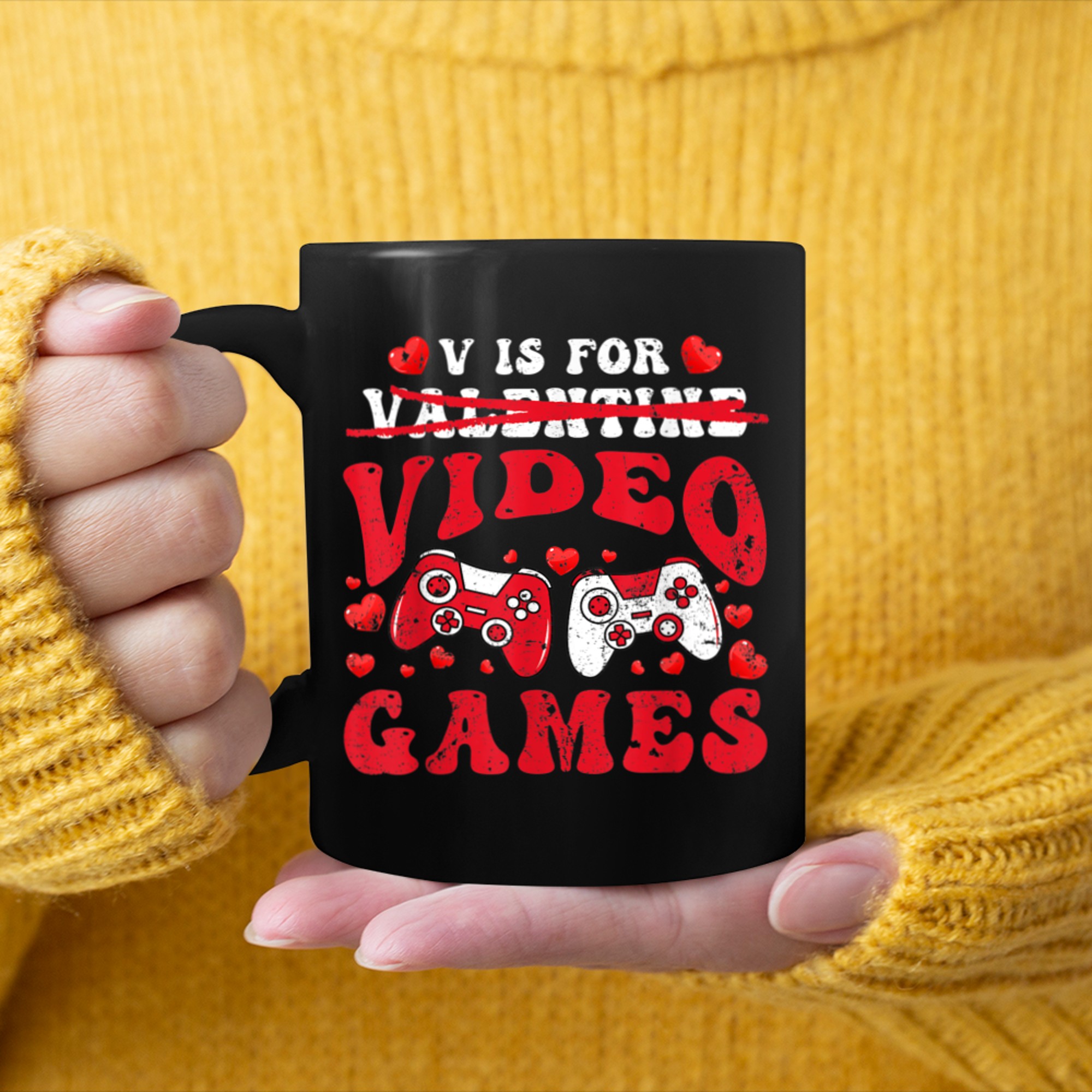 V is for Video Games Valentines Day Gamer Men Boys (15) mug black