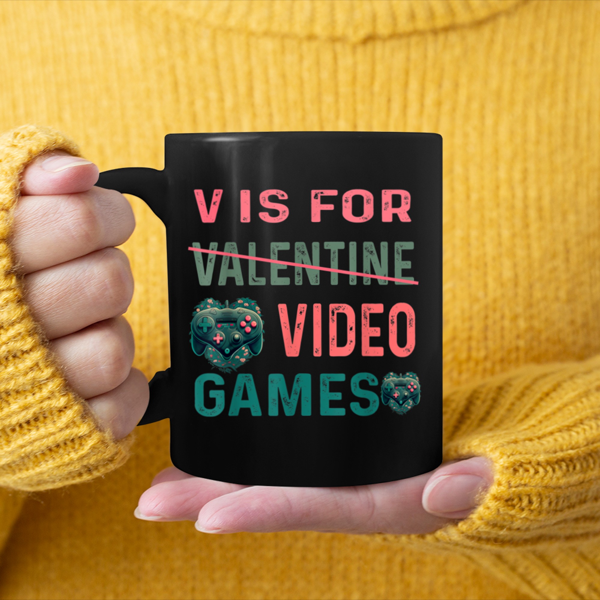 V is for Video Games Valentines Day Gamer Men Boys (3) mug black