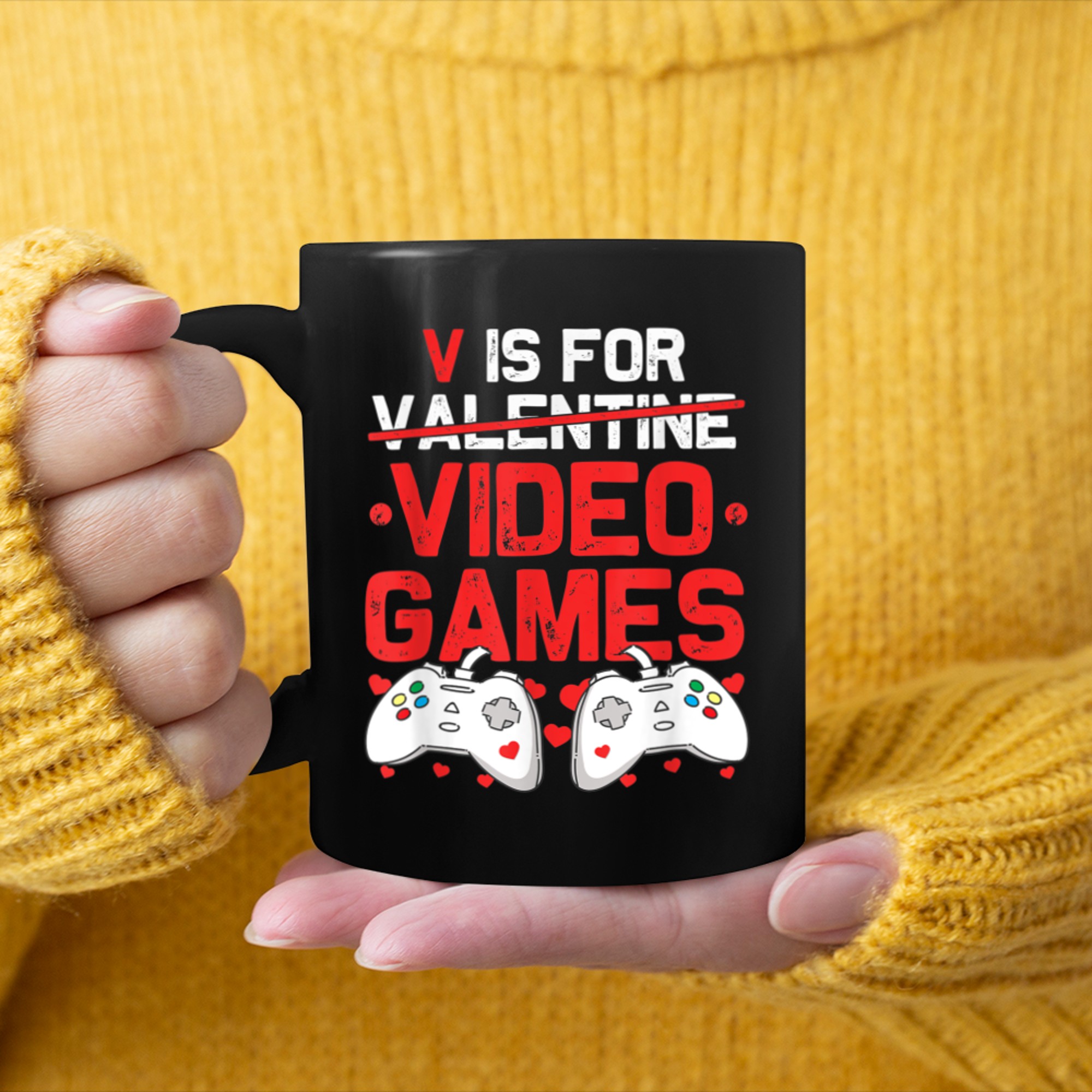 V is for Video Games Valentines Day Gamer Men Boys (9) mug black