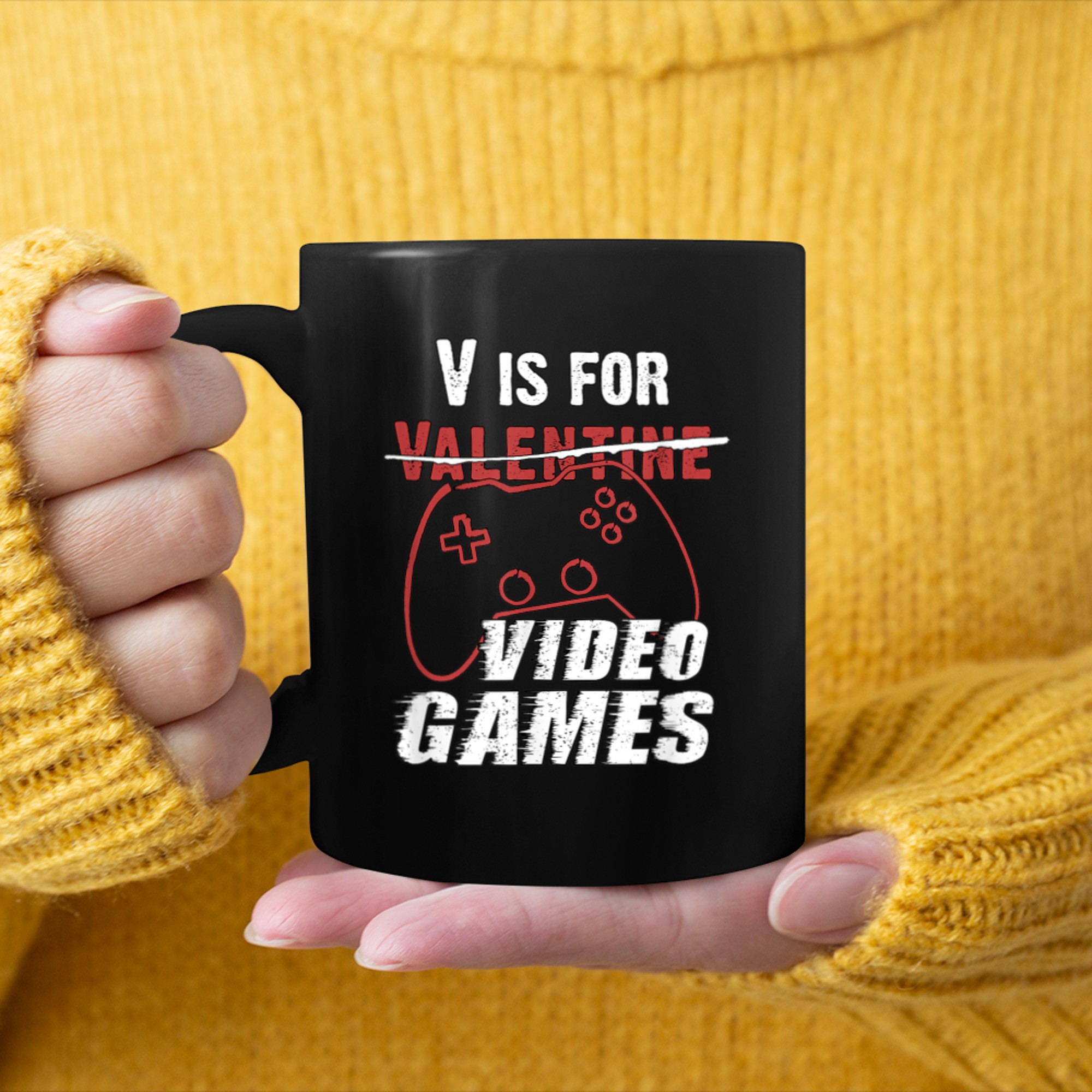 V is for Video Games Valentines Day Gamer Men Boys Funny (1) mug black