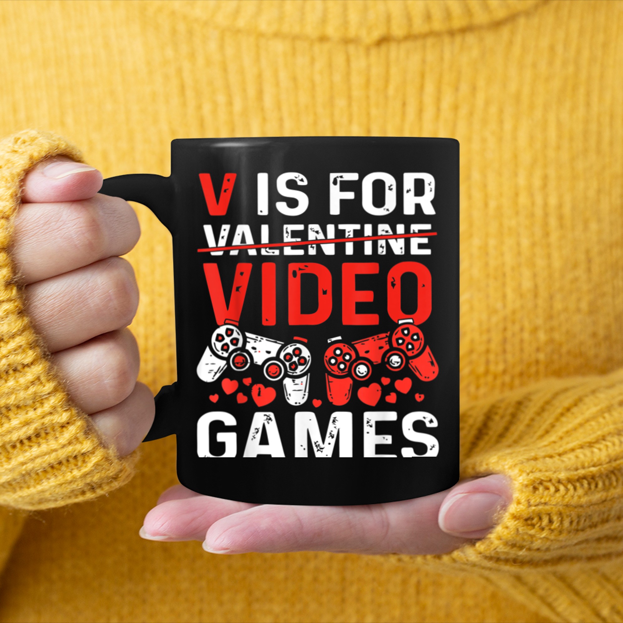 V is for Video Games Valentines Day Gamer Men Boys Funny (2) mug black