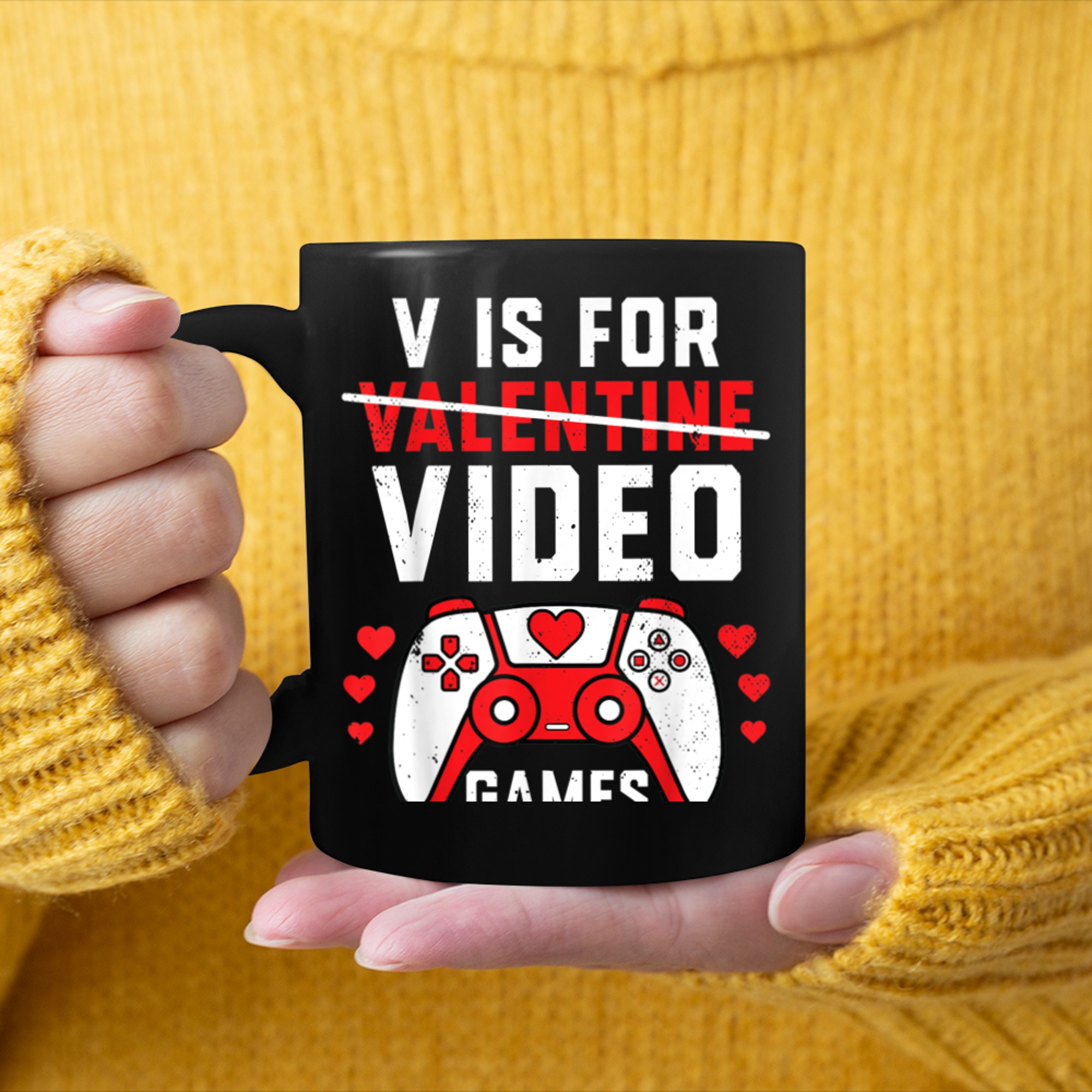 V is for Video Games Valentines Day Gamer Men Boys Girls (1) mug black