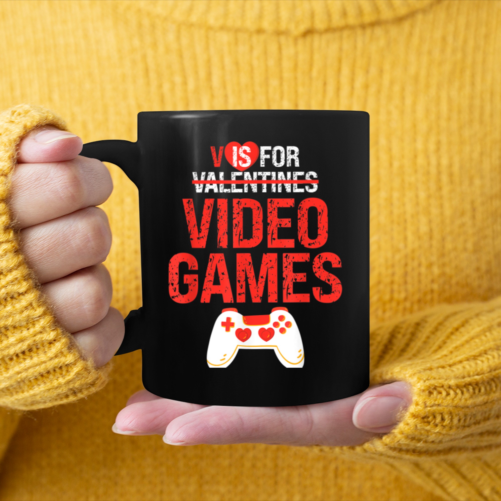 V is for Video Games Valentines Day Gamer Men Boys Girls mug black