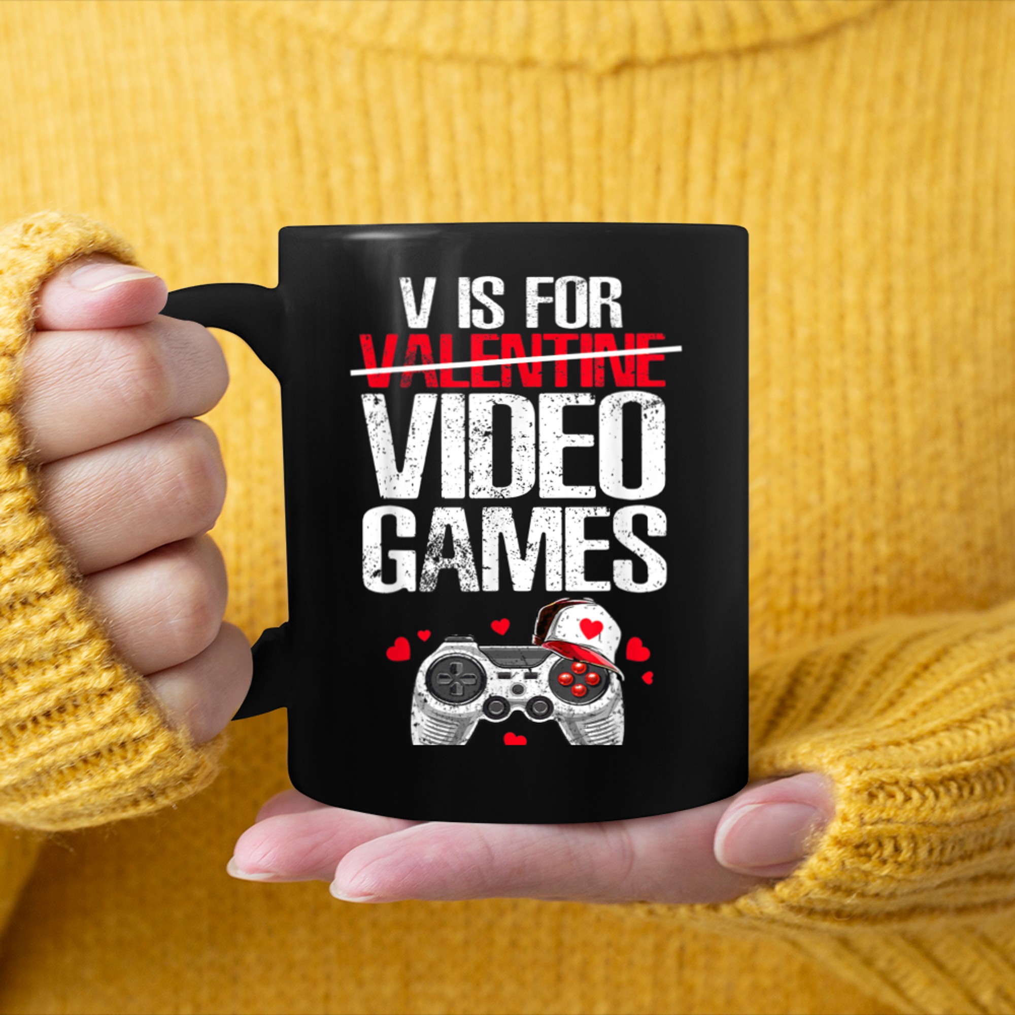 V is for Video Games Valentines Day Gamer Men Boys Kids mug black