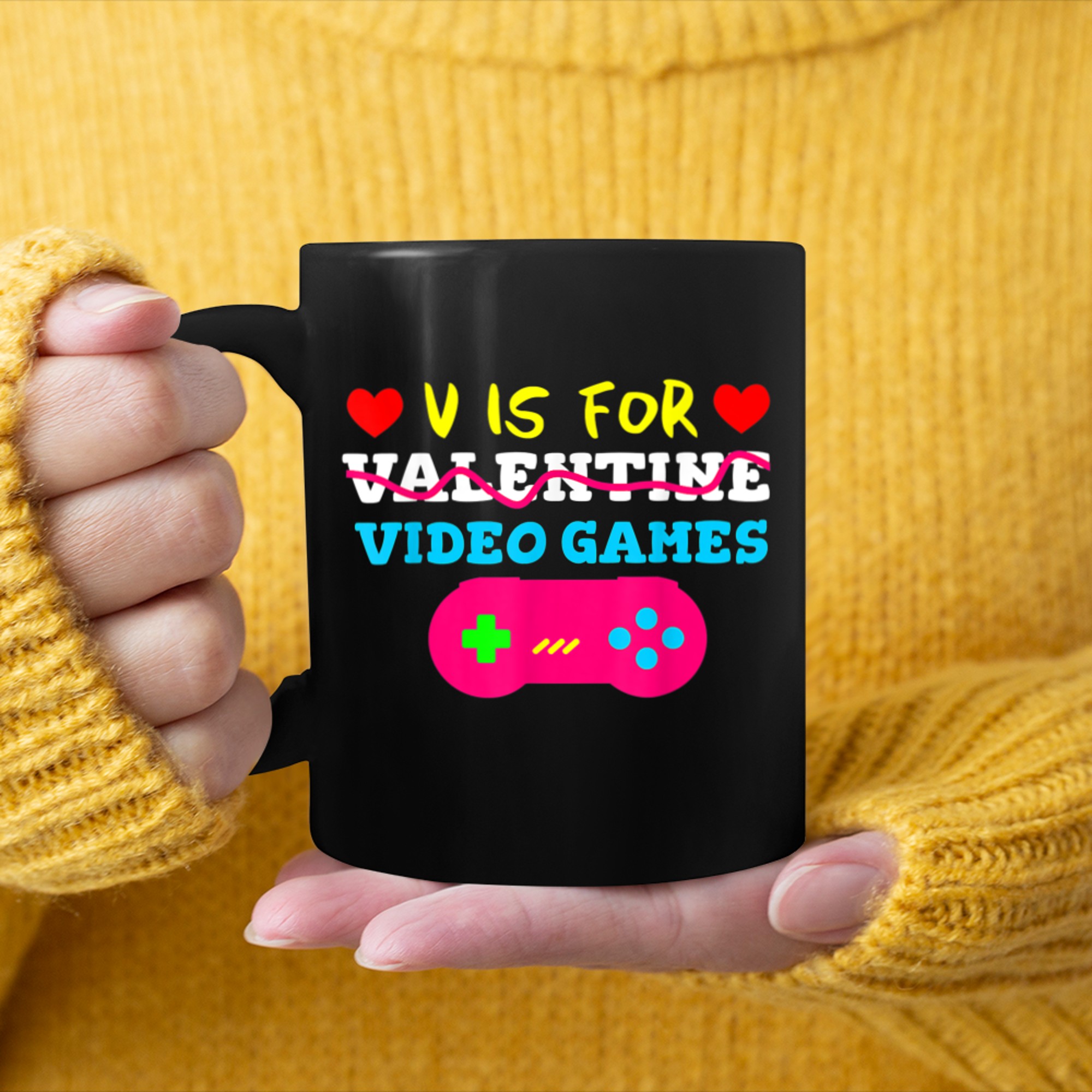 V Is For Video Games Valentines Day Gamer mug black