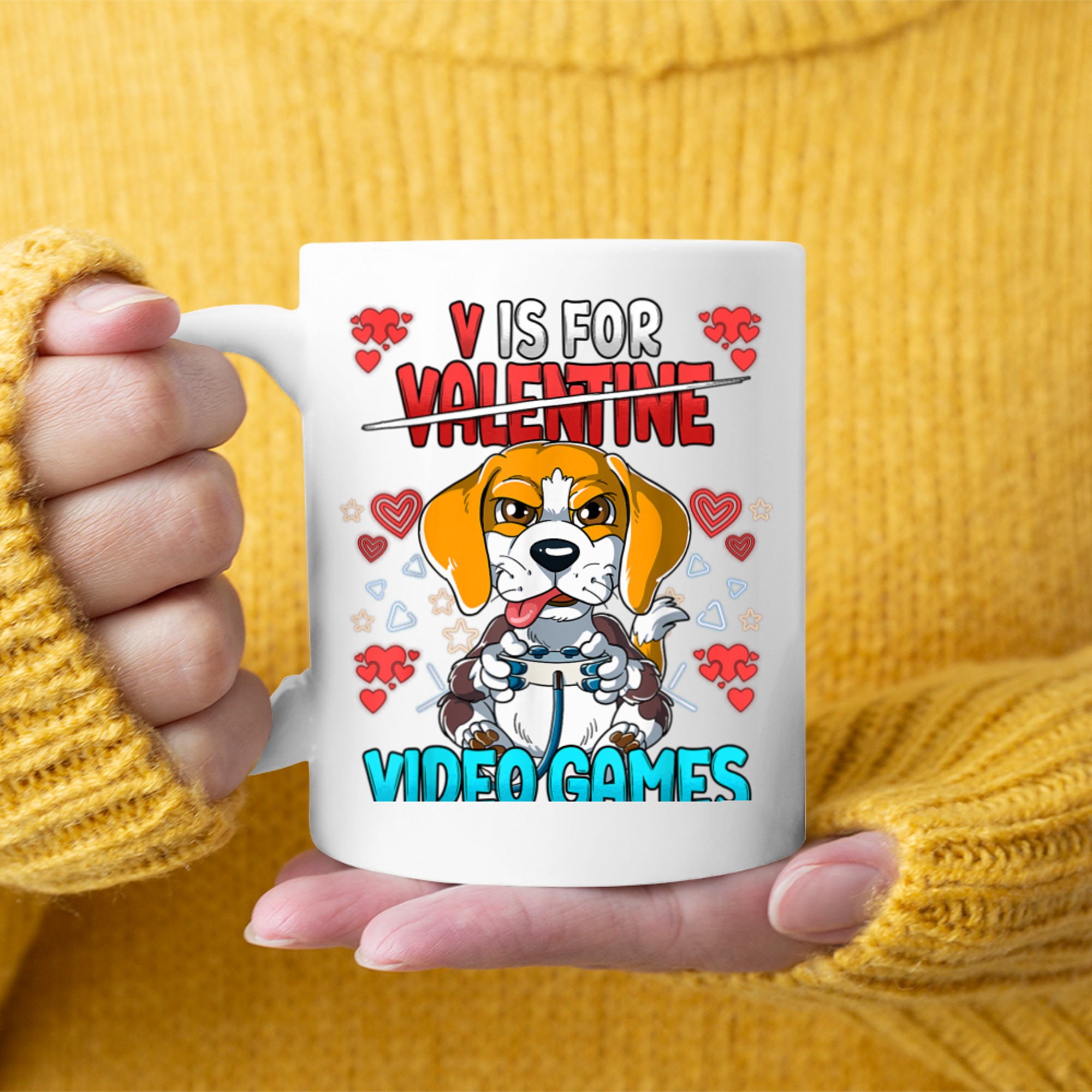 V Is For Video Games Valentines Day Gamer mug white