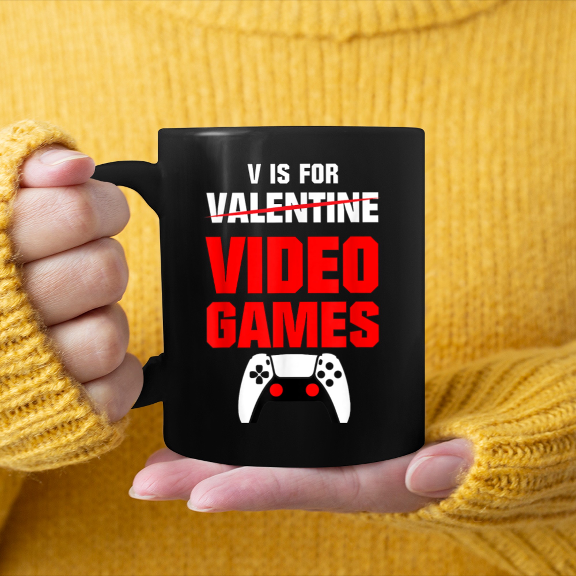 V Is For Video Games Valentines Day Gamer T-Shirt mug black