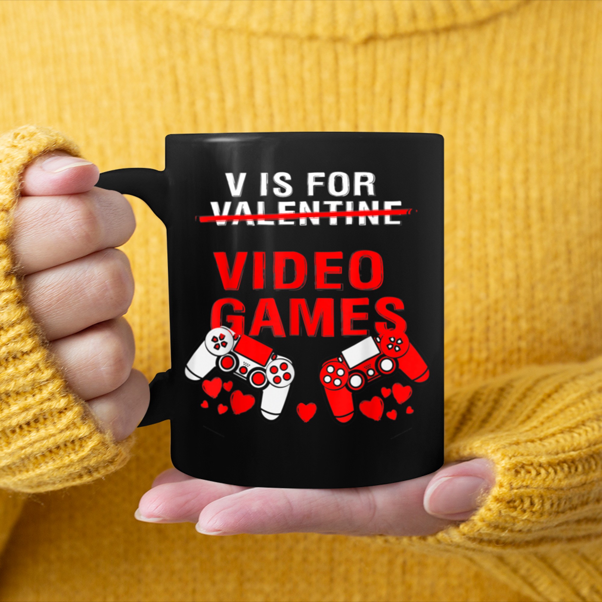 V Is For Video Games Valentines Day Gamer Women Girls Boys mug black