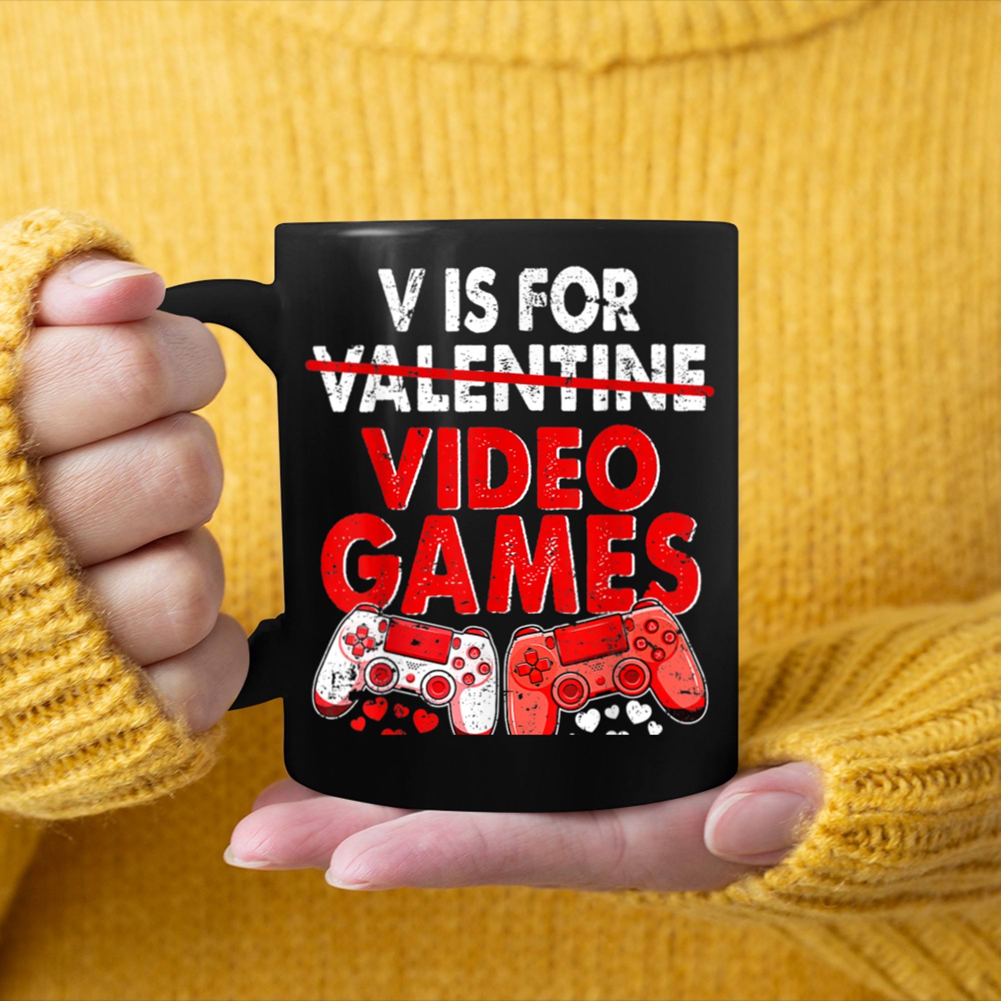 V Is For Video Games Valentines Day Gaming controllers Gamer mug black