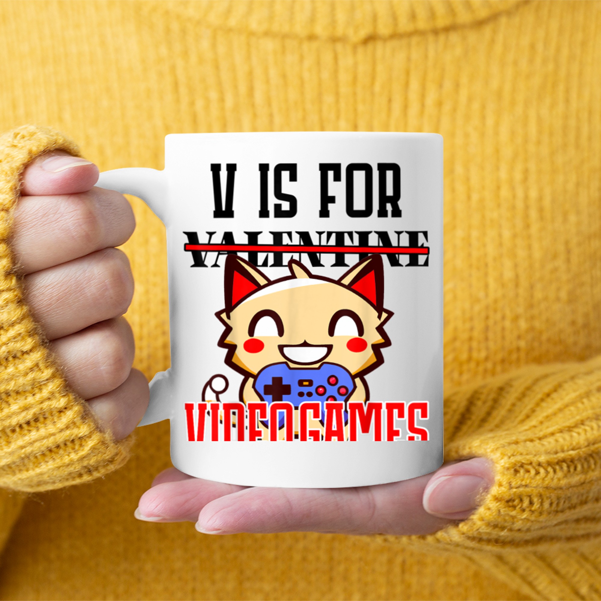 V Is For Video Games Valentines Day Kawaii Anime Cat Gamer mug white