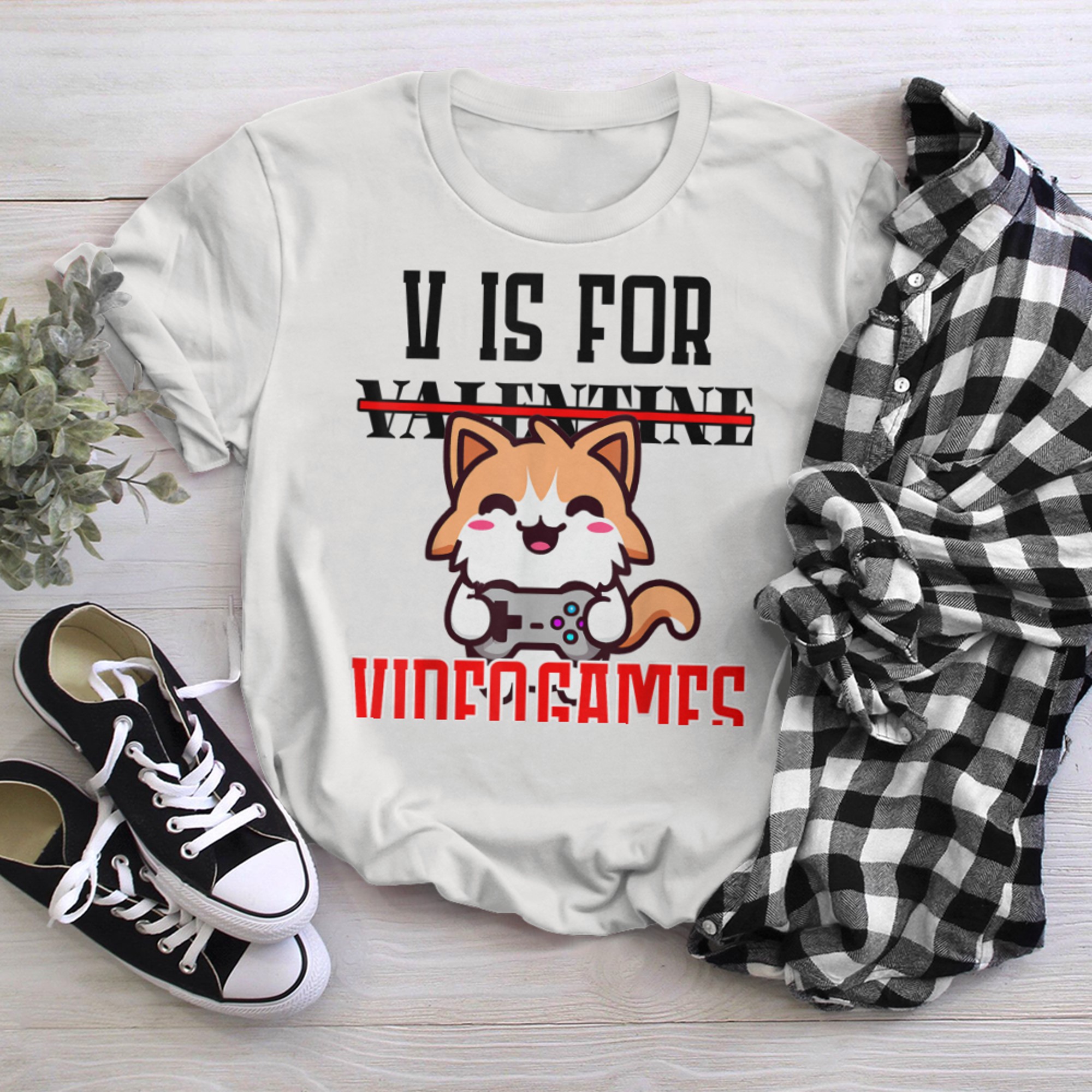 V Is For Video Games Valentines Day Kawaii cat 2023 t-shirt white