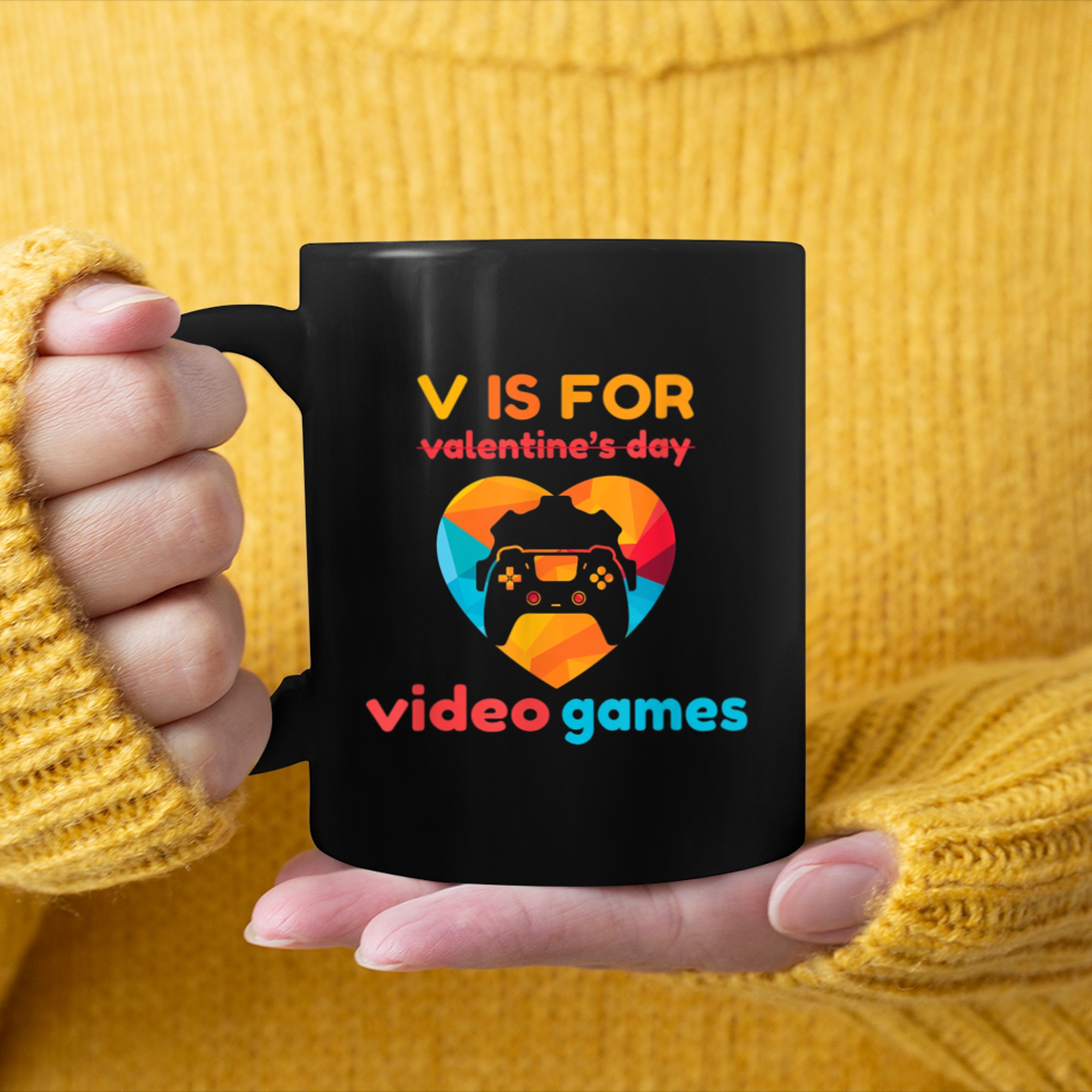 V is for Video Games Valentines Day mug black