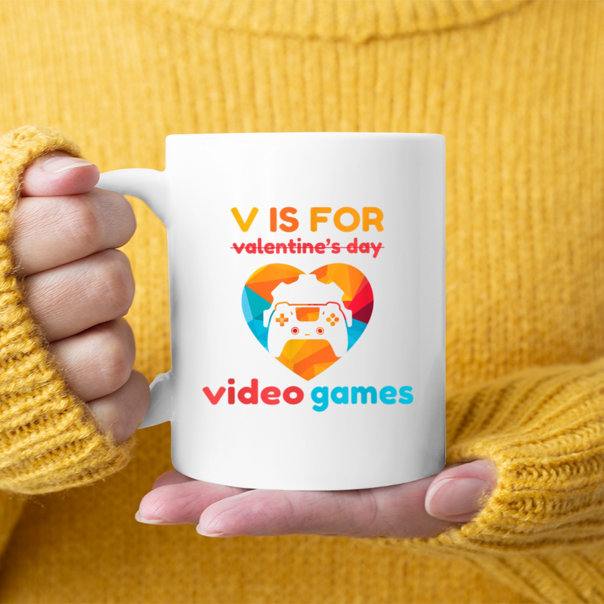 V is for Video Games Valentines Day mug white