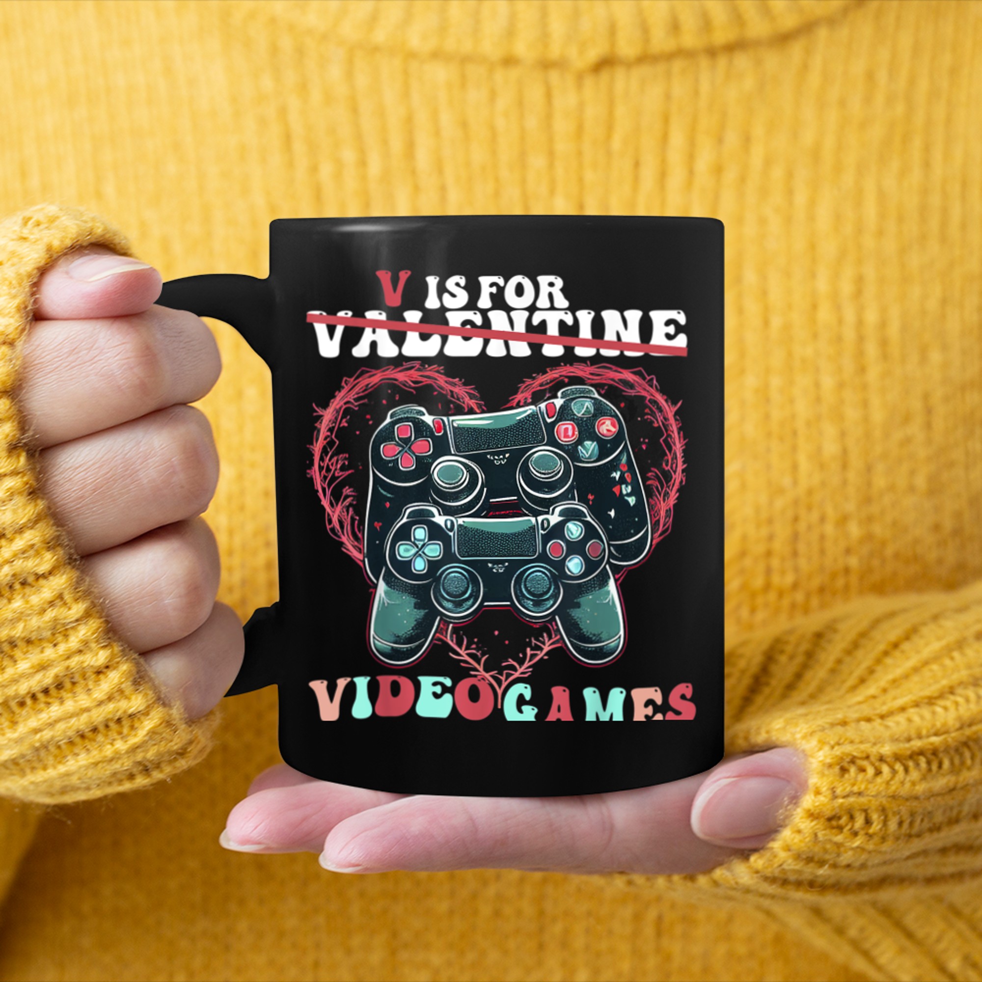 V Is for Video Games Valentine's Day Video Game mug black