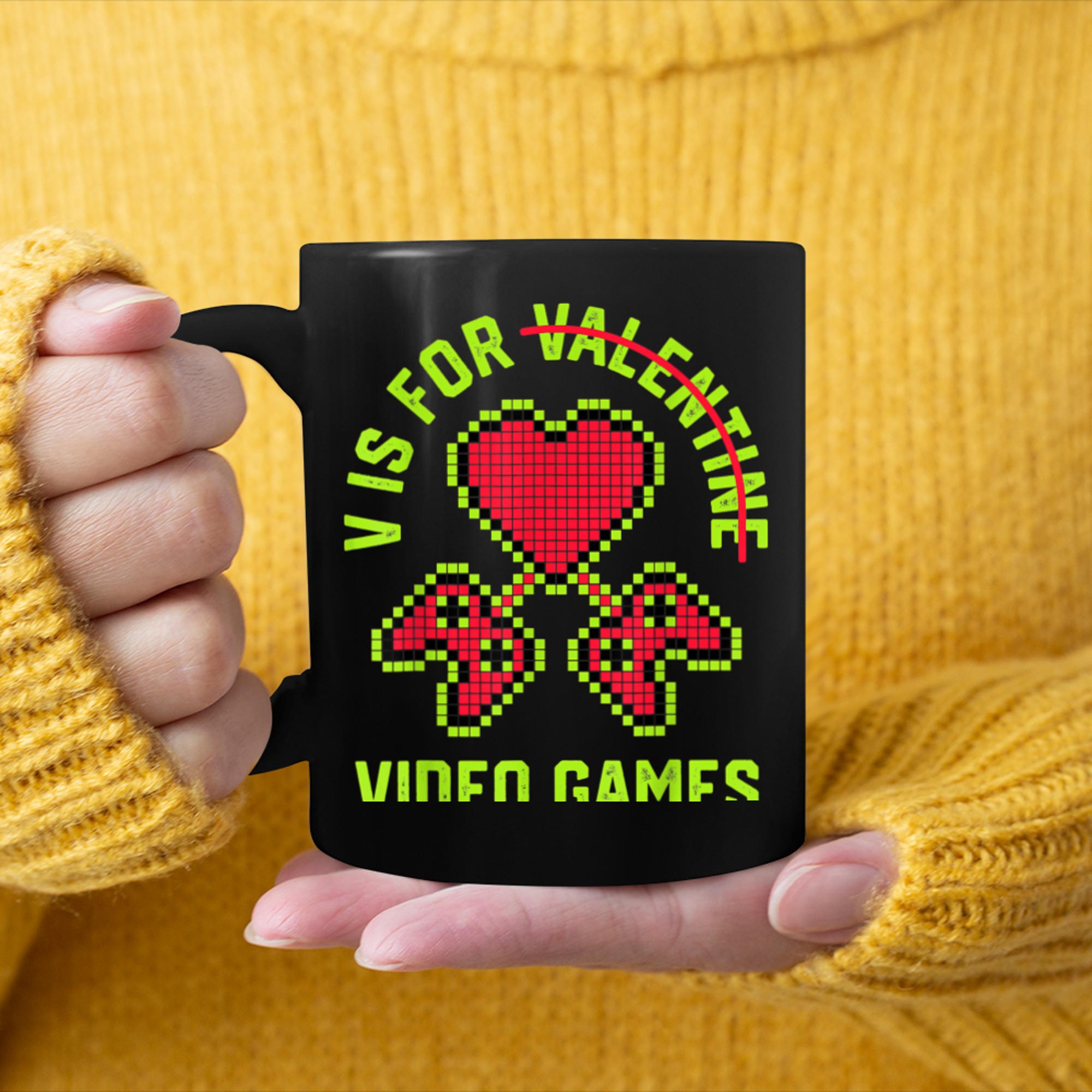 V Is For Video Games Valentines Days Boys Men Gamer mug black