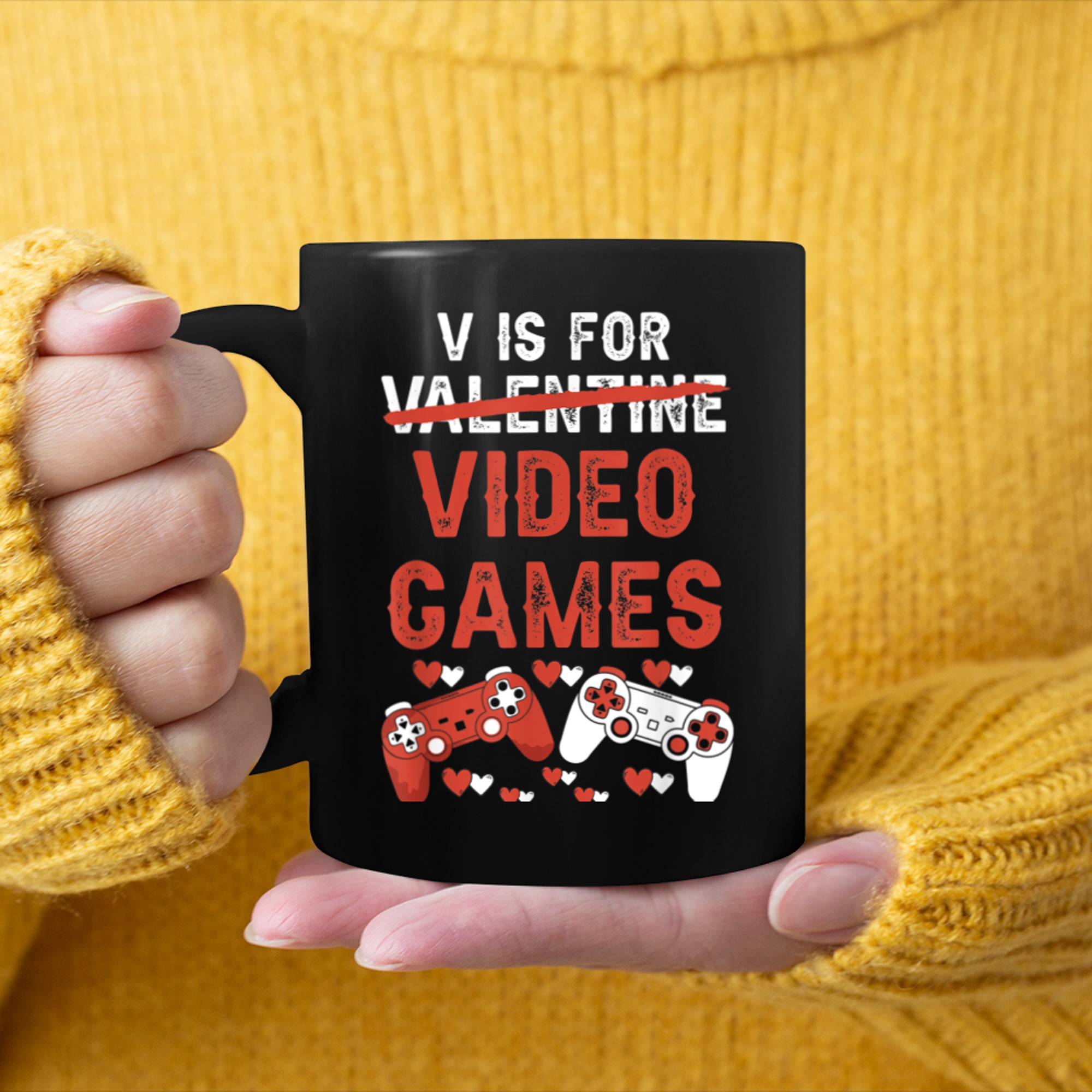 V Is For Video Games Valentines Days For Gamers mug black