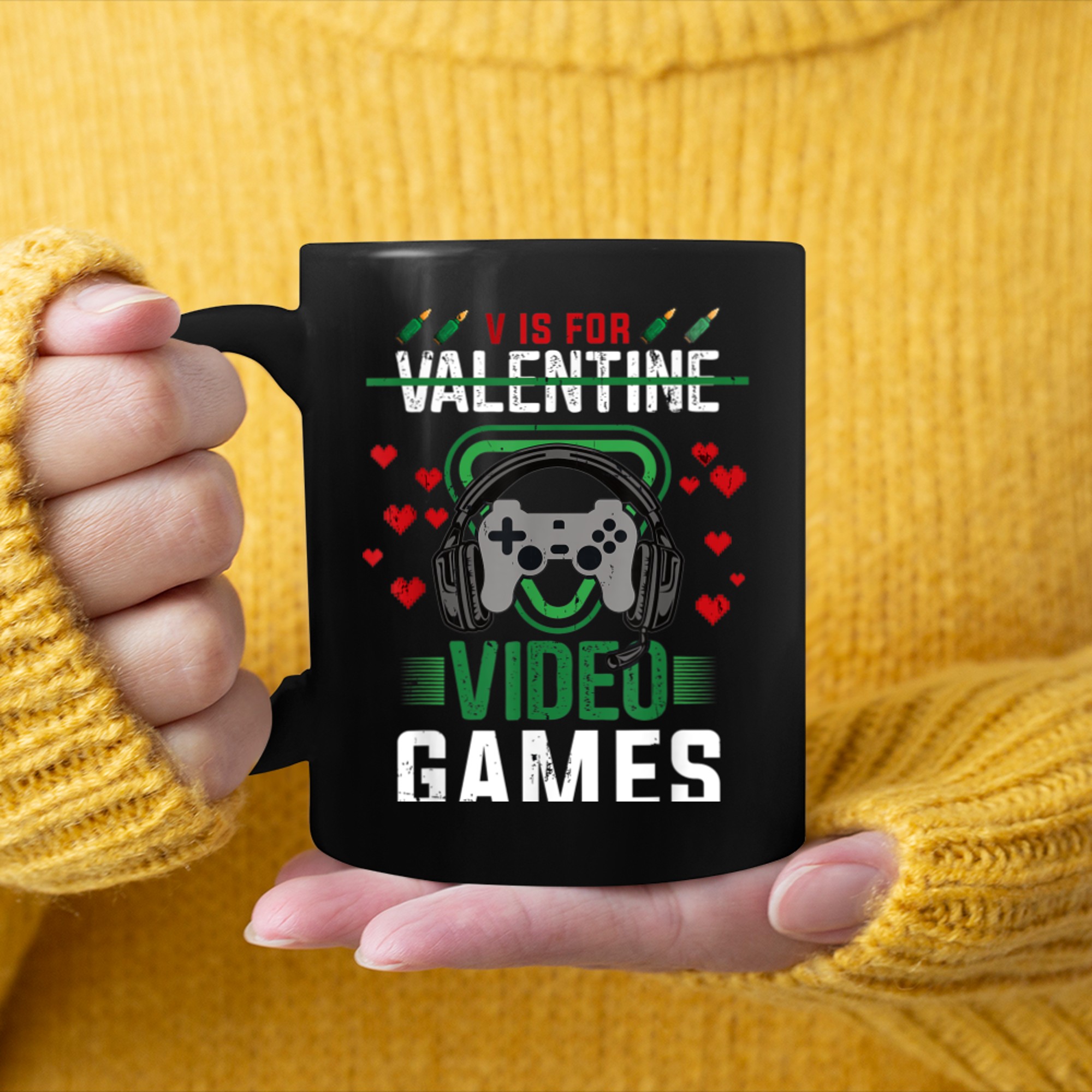 Valentine day Video Games V is for Video Games mug black