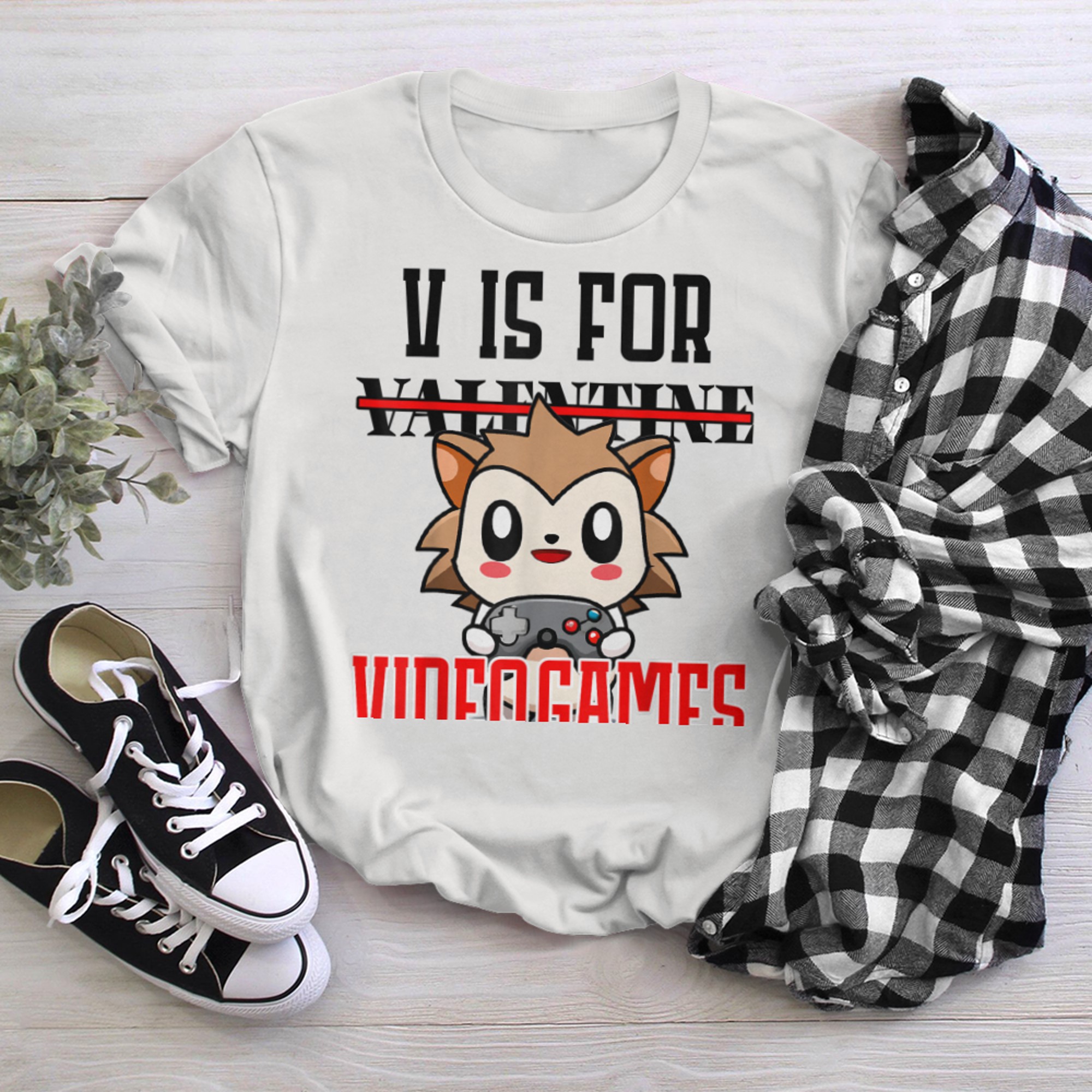 Valentines Day V Is For Video Games Anime Kawaii Hedgehog t-shirt white