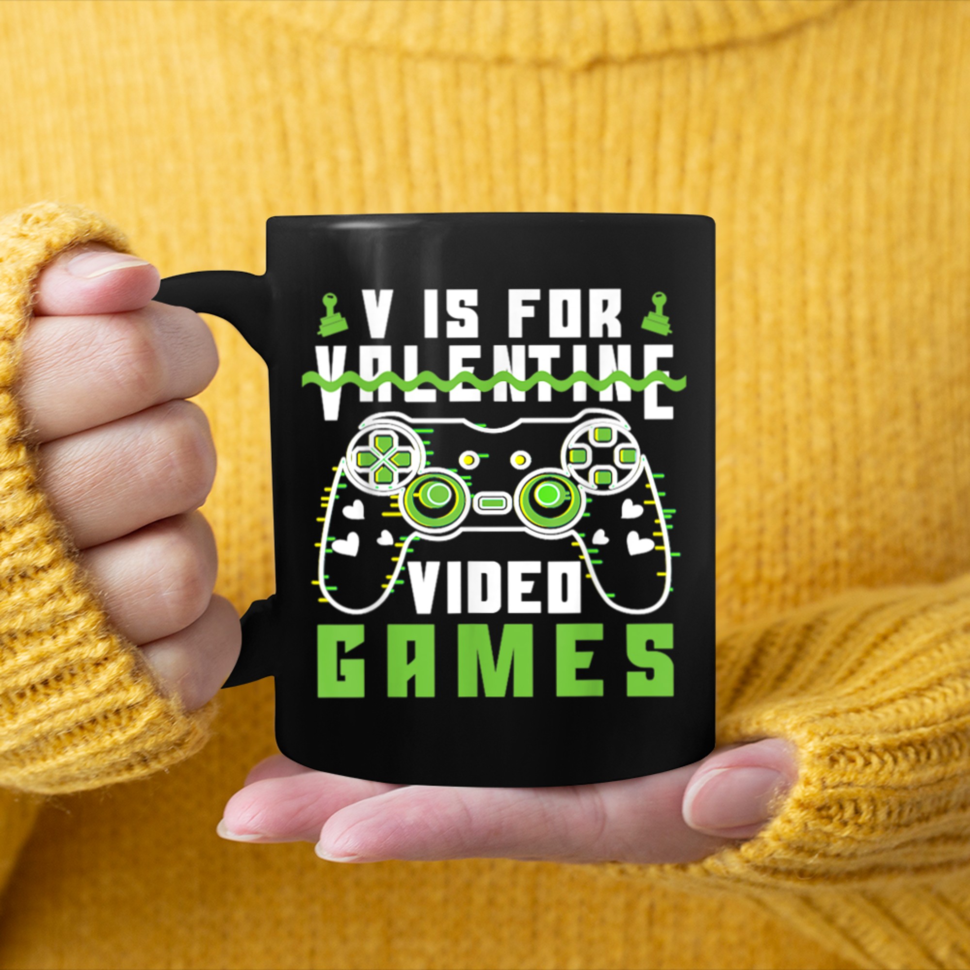 Valentines Day V Is For Video Games Funny Gaming Lover mug black