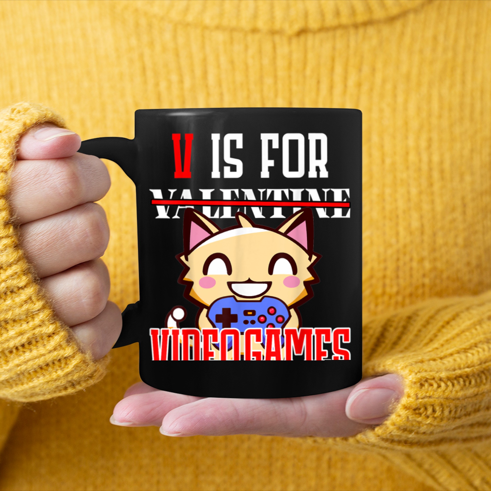 Valentines Day V Is For Video Games Kawaii Anime Cat Gaming mug black