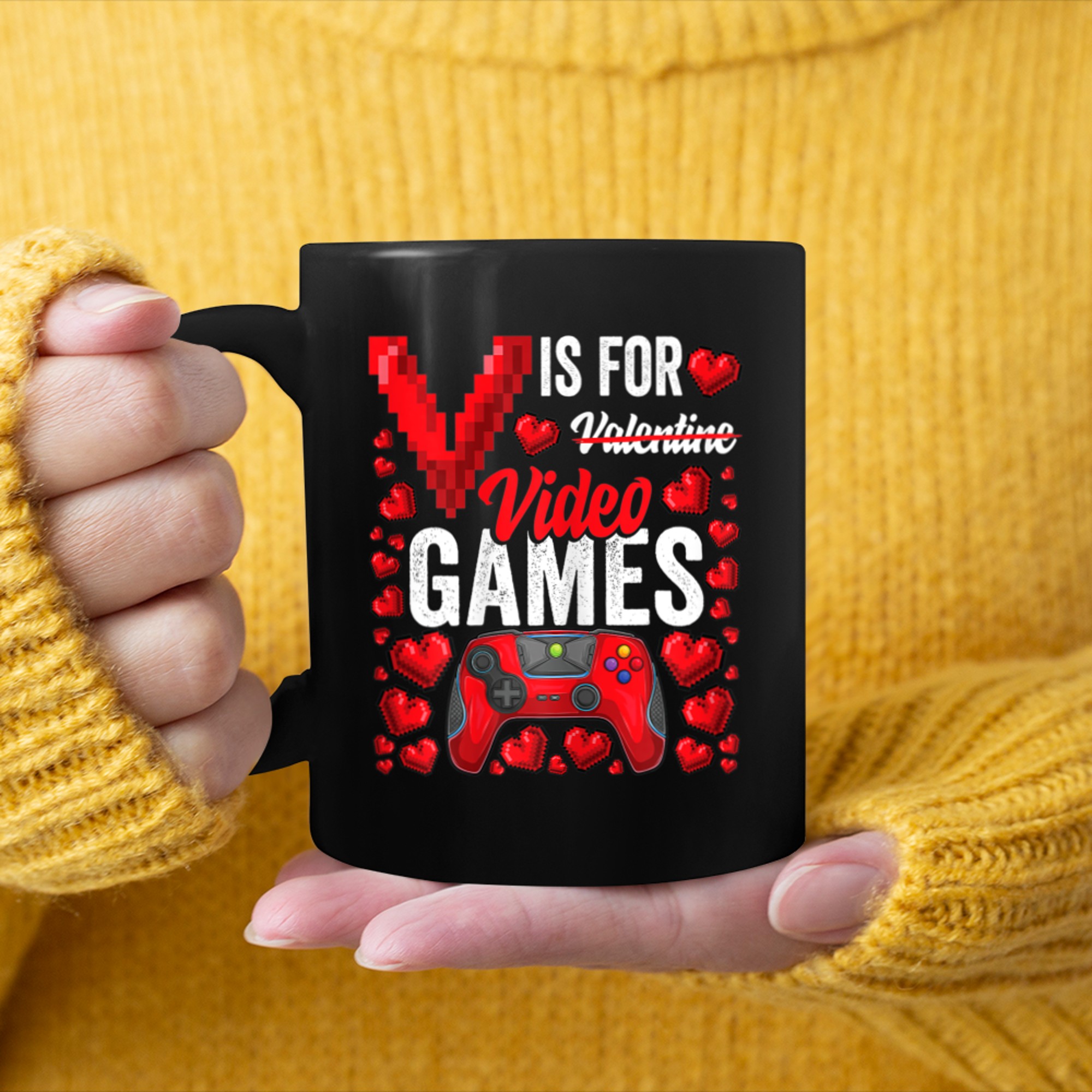 Womens V Is For Video Games Funny Valentines Day Gamer for him Men mug black