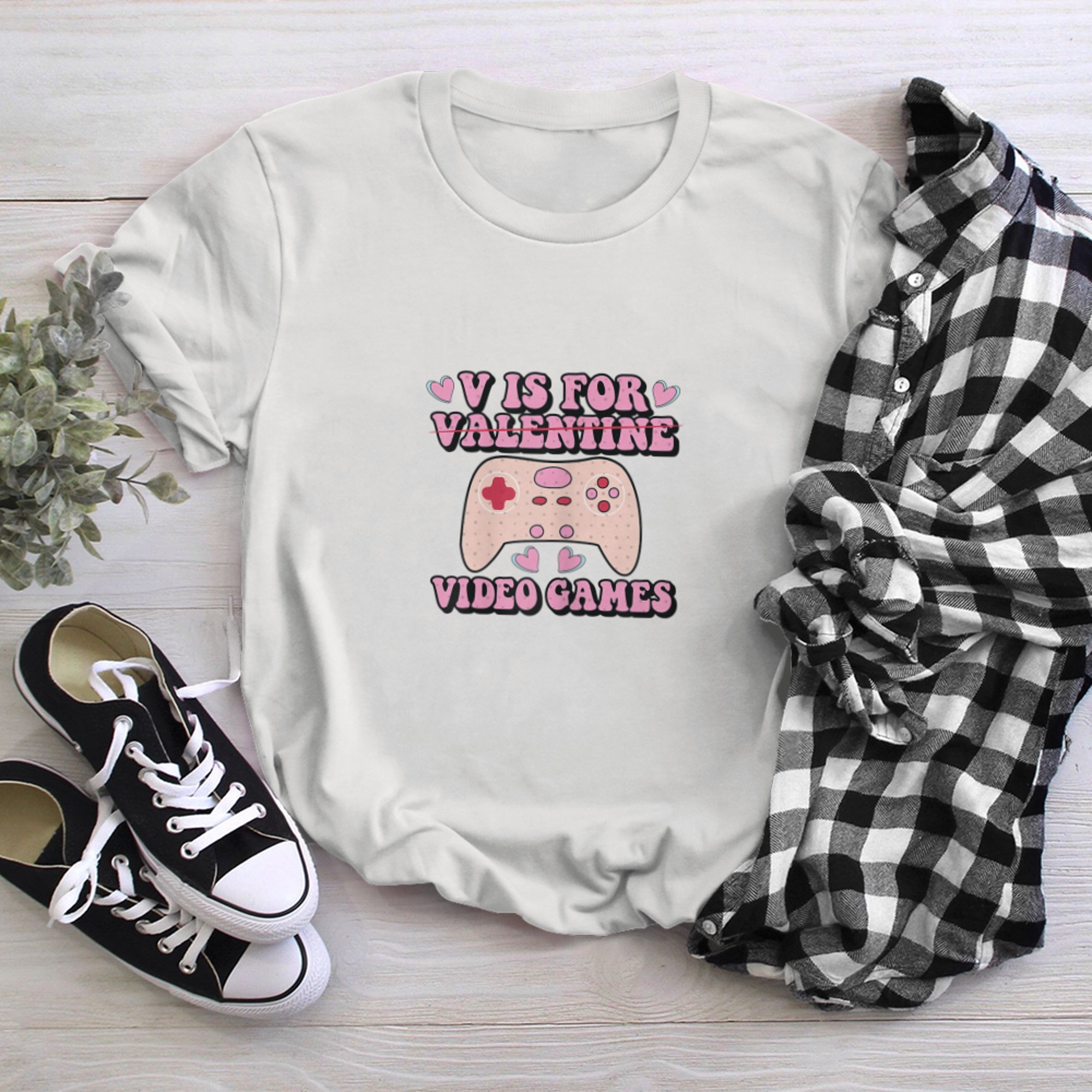 Womens V Is For Video Games Funny Valentines Day Girl Gamer t-shirt white