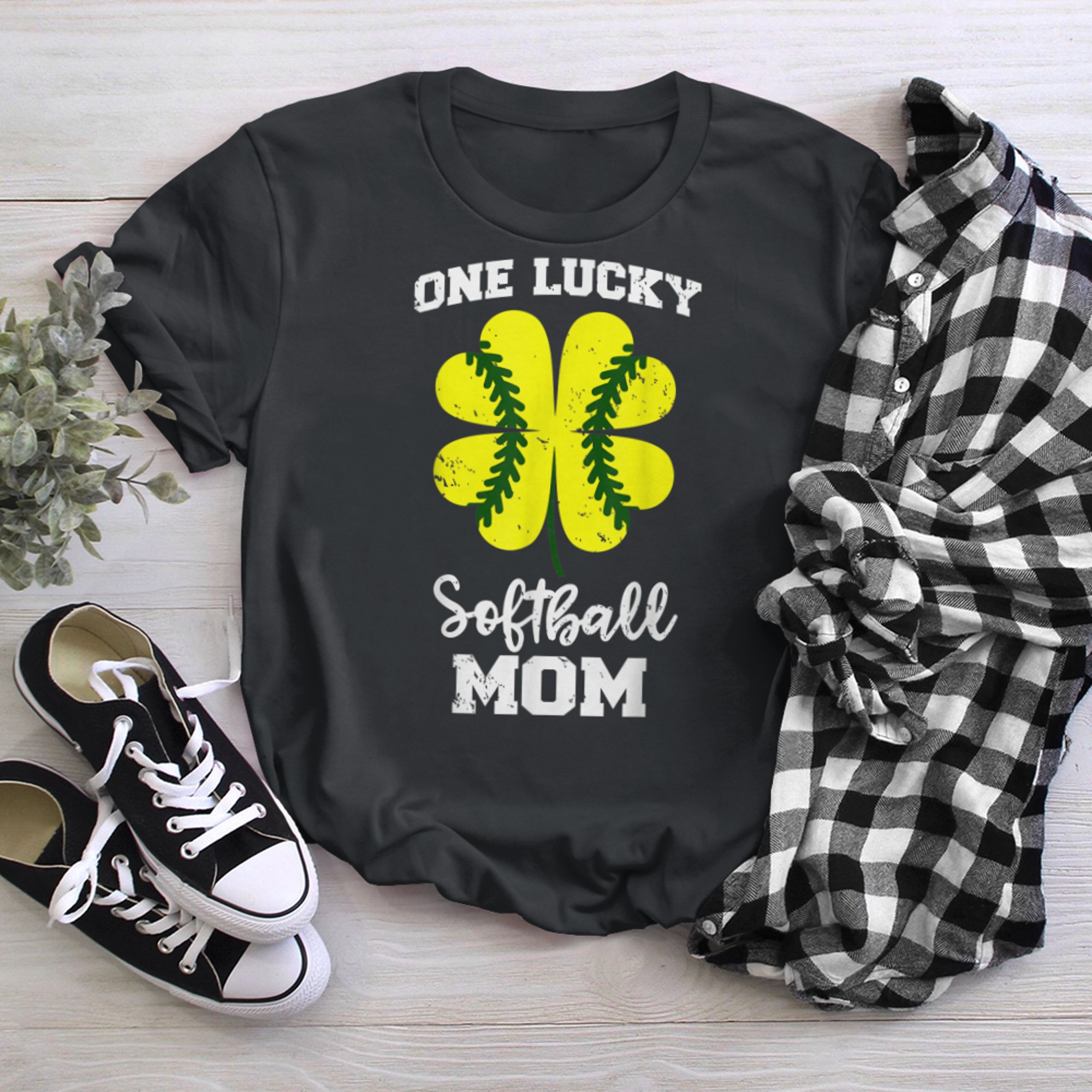 One Lucky Softball Mom Funny Softball Shamrock Leaf Clover t-shirt black