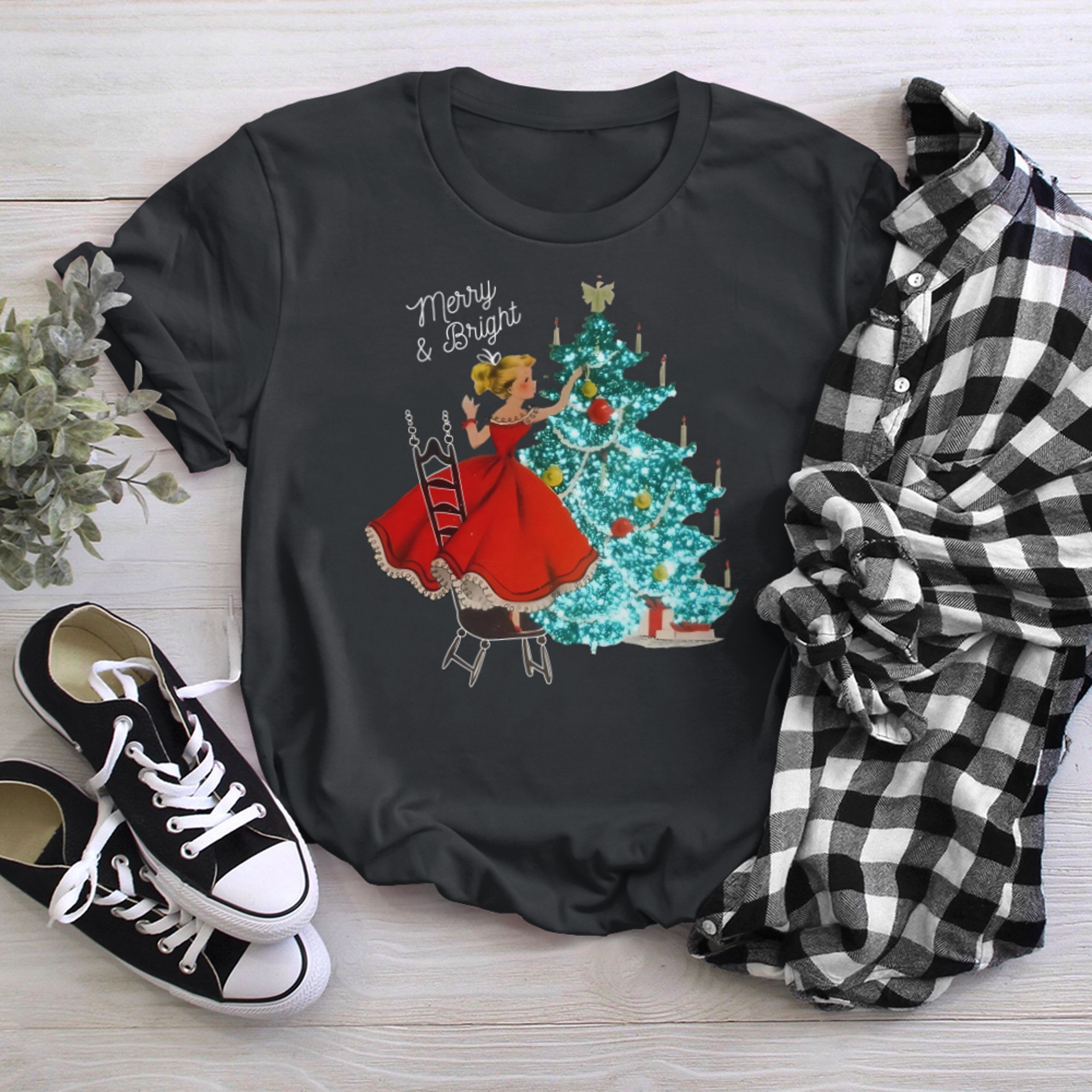 Faux Sequin Girl Decorating Tree Graphic T-Shirt